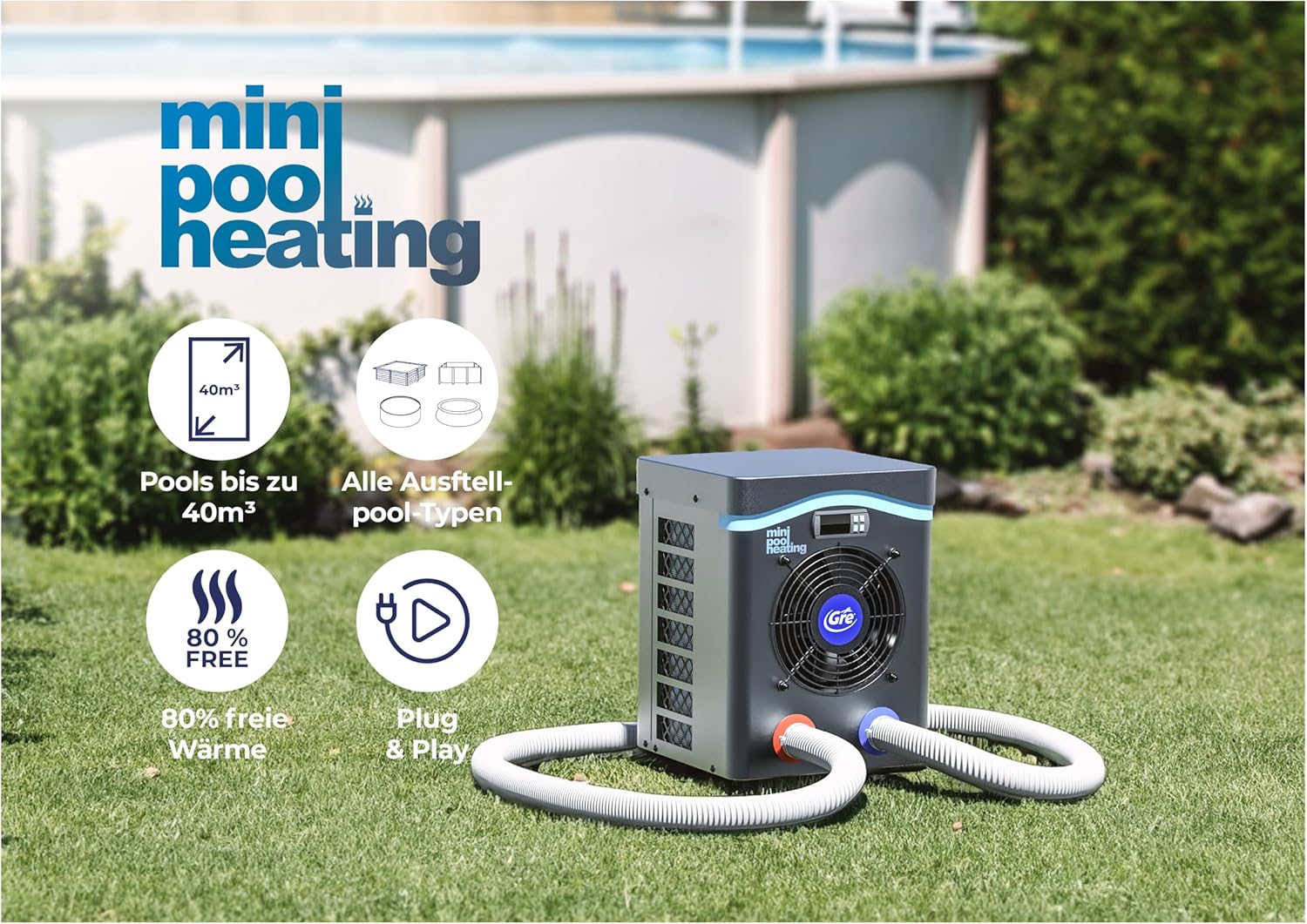 Gre HPM20 – Mini-Wärmepumpe für Aufstellpools bis zu 20 m³, Heizsystem für Aufstellpools, Farbe Grau