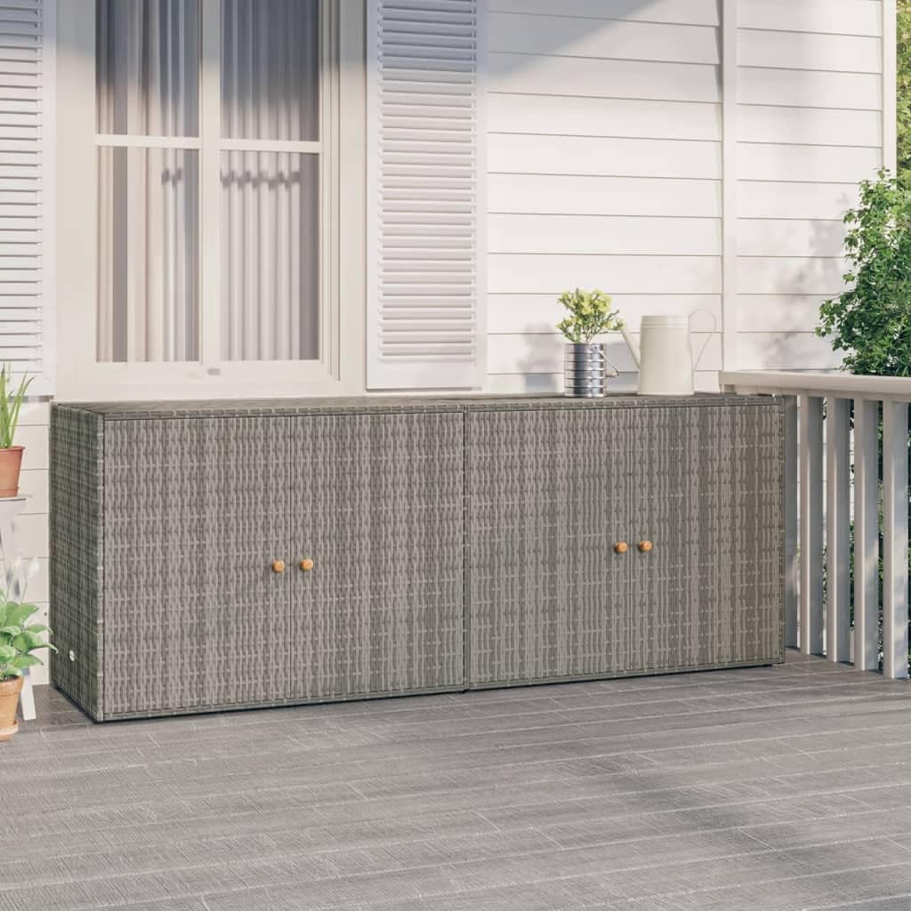 Armadietto da Giardino in Polyrattan, Organizzatore da Esterno Resistente Alle Intemperie con Pomelli delle Porte in Legno Massello di Acacias, Ampio Spazio per Attrezzi da (Grigio)