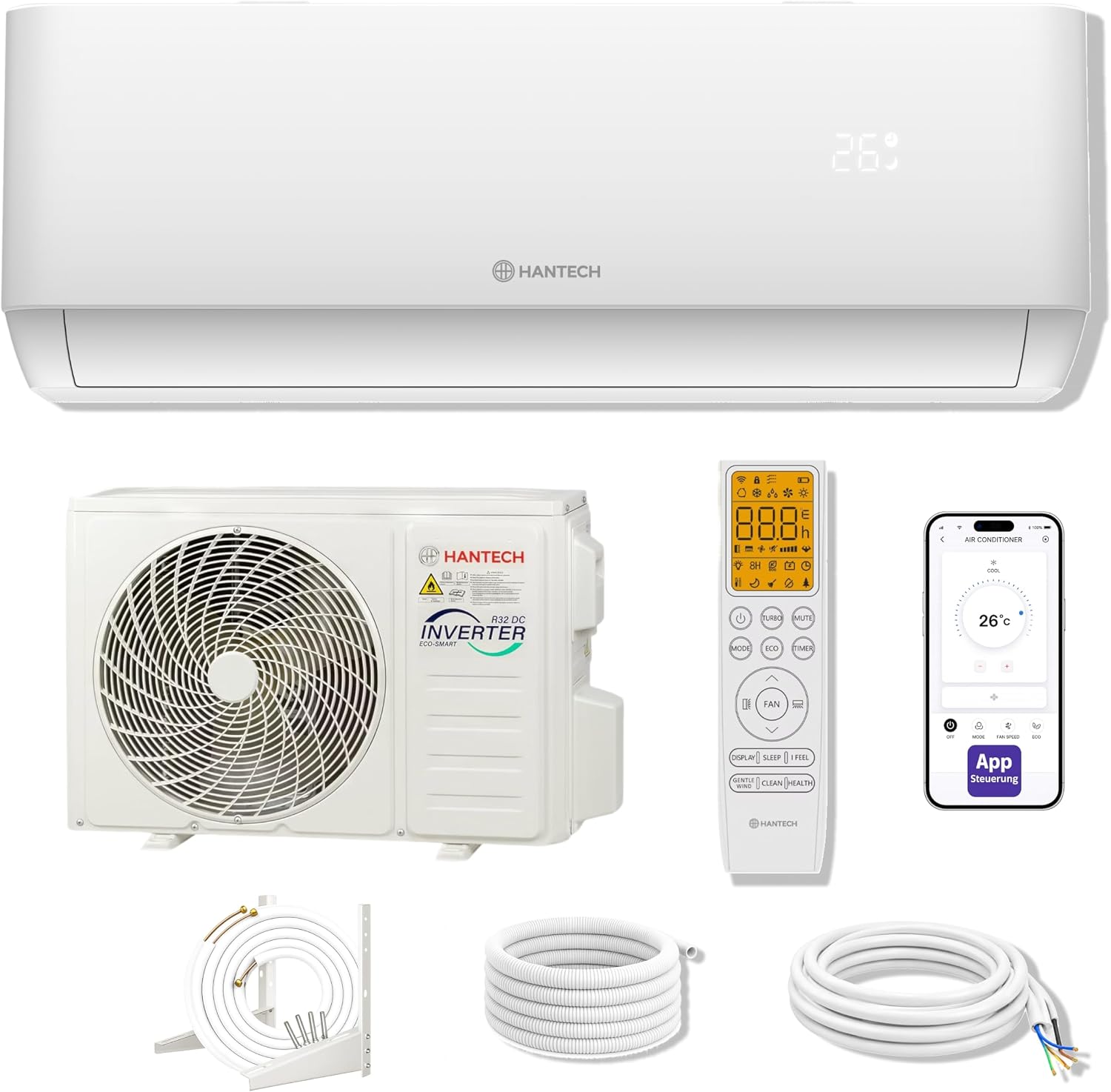 HANTECH H-PRO Split Klimaanlage 12000 BTU für Räume bis 45 m² als Komplettset mit Kupferleitungen - Luft-Luft-Wärmepumpen Technologie - Smart Home kompatibel, WiFi - Heizen, Kühlen, Entfeuchten