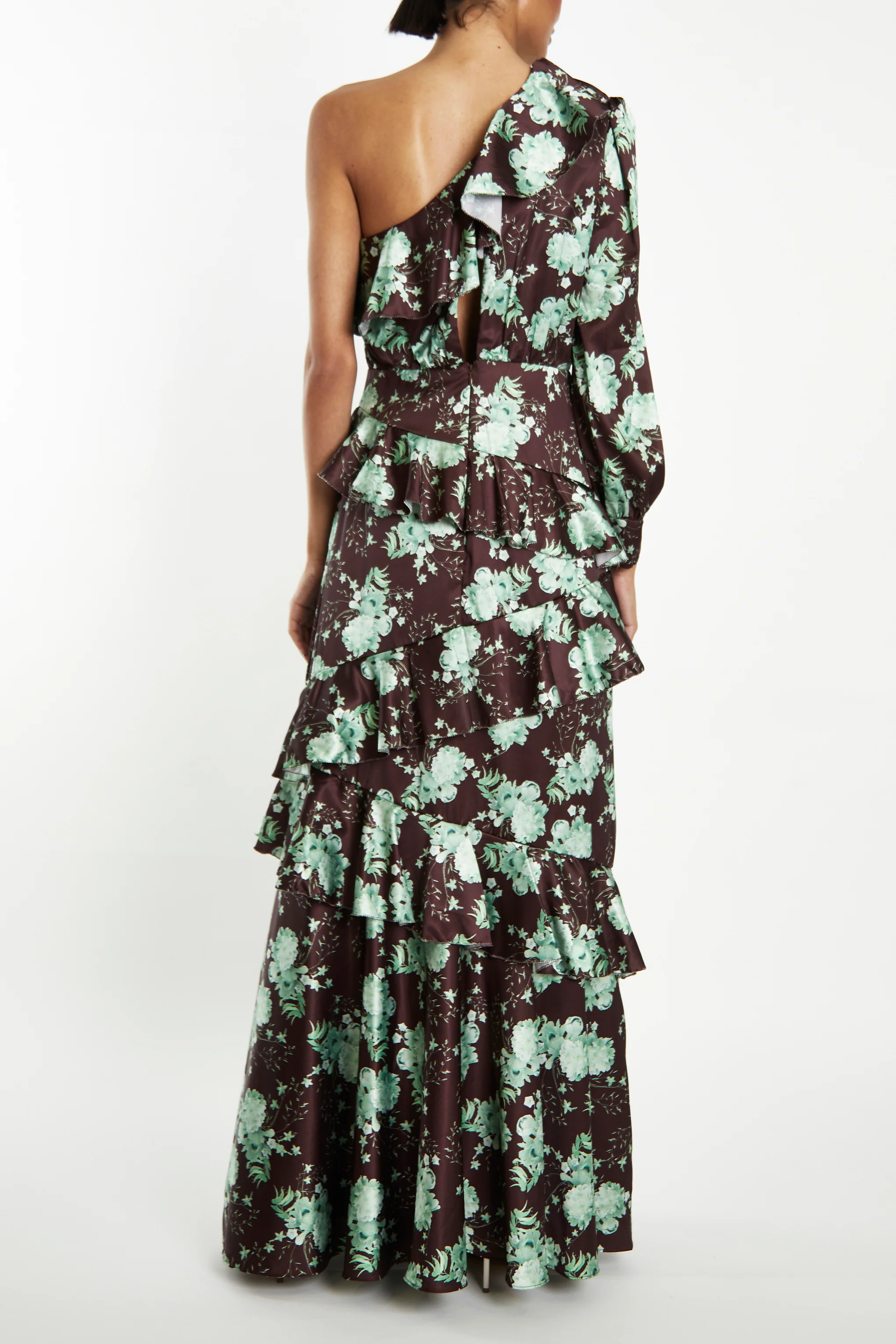 Ottilie Brown-Sage-Rose One-Shoulder Ruffled Layered Maxi-Dress