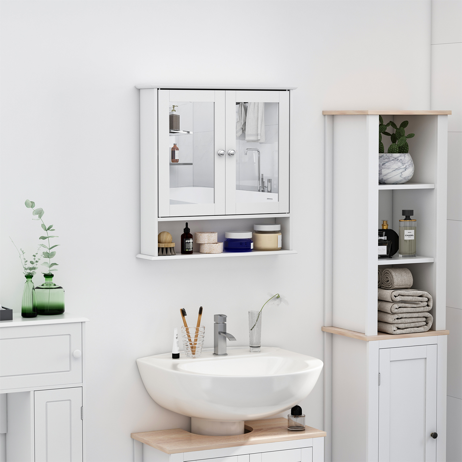 kleankin Wandspiegel Badezimmerregal 56L x 13B x 58H cm Doppeltüriger Spiegel verstellbares Regal MDF Grau