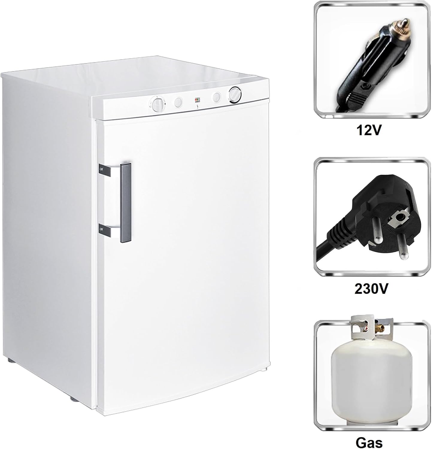 Trivalente Nevera 12V 220V Gas, 100L, Con Congelador para Camper, Camping Car, Caravana, Casa, Furgoneta, Cottage, Cabaña, Blanco