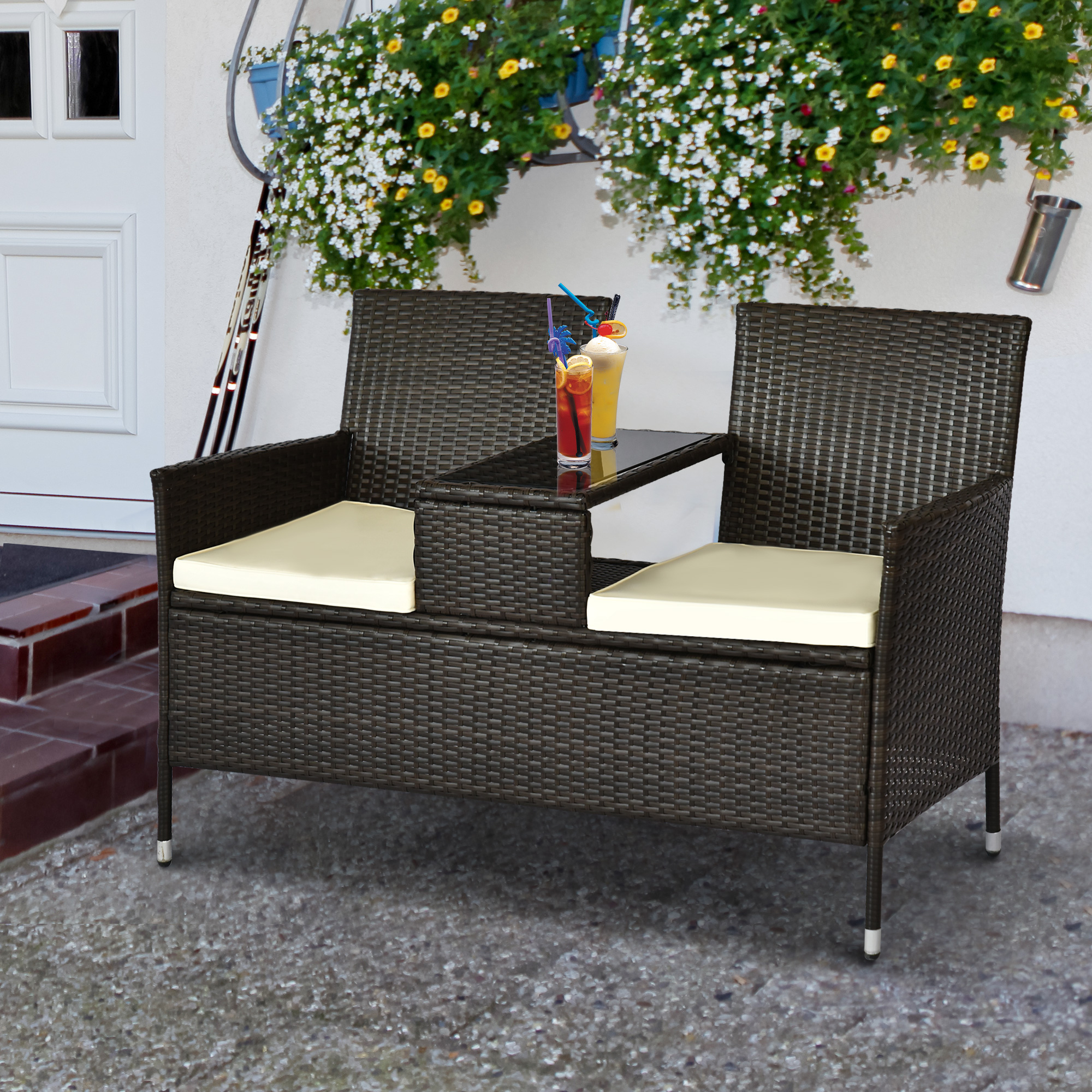 Outsunny Gartenbank Polyrattan 2-Sitzer UV-beständig Sitzbank mit Tisch Kissen Rückenlehne Gartenmöbel Parkbank bis 240kg belastbar Balkonbank für Garten Terrasse Balkon 133x63x84cm, Braun