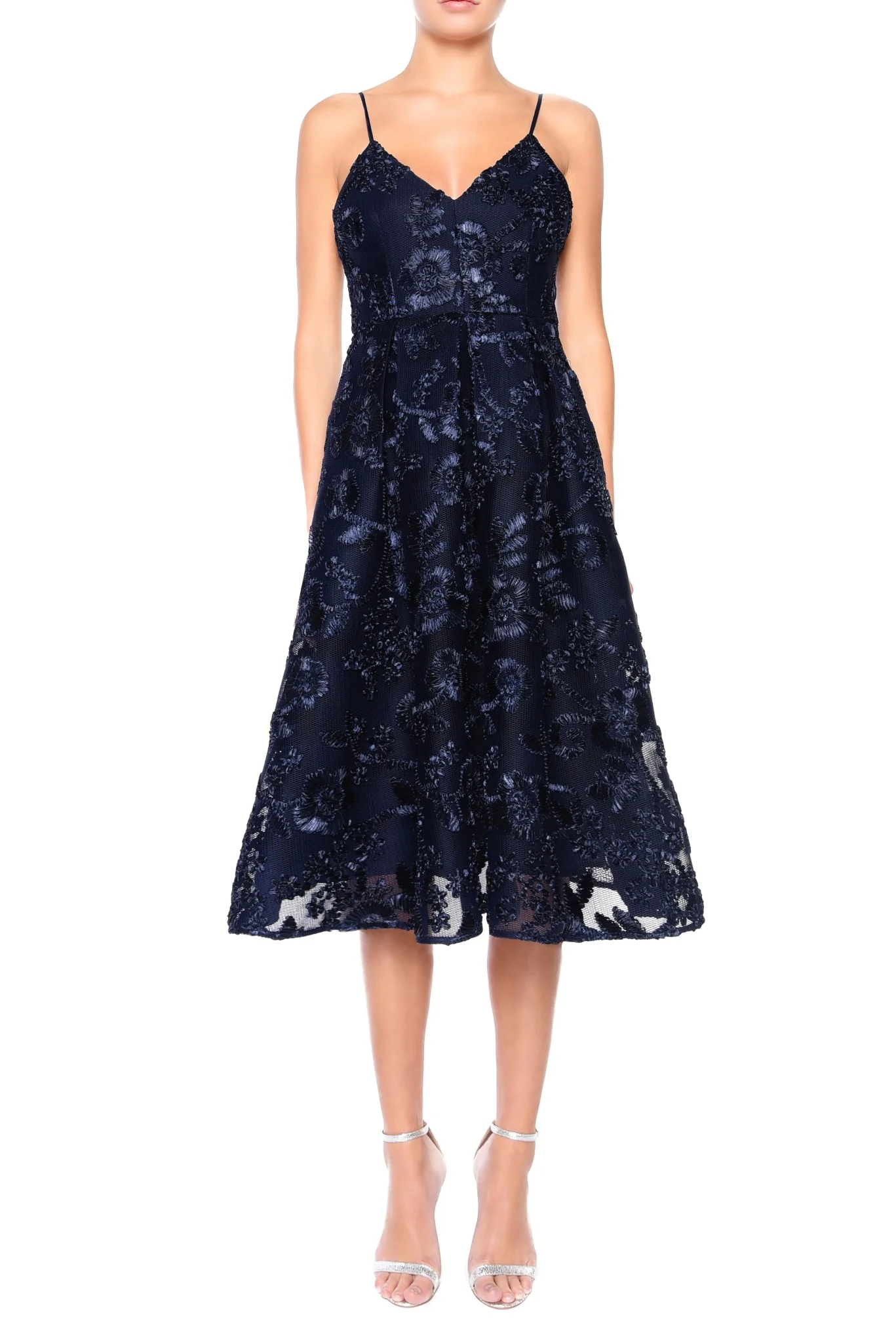 Noelle Navy 3D Embroidery Strappy Embroidered Midi Dress