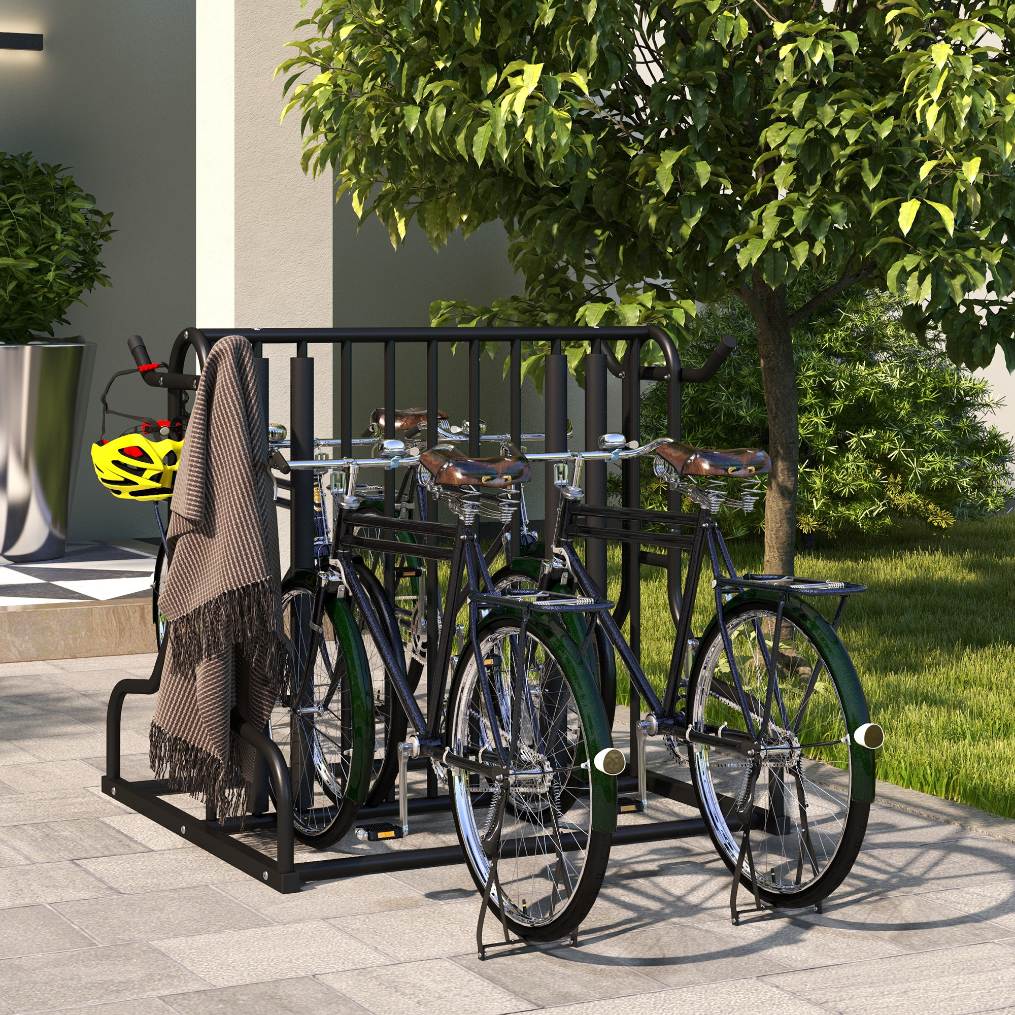 DURHAND Fahrradständer für 4 Fahrräder, wetterbeständig, zusätzliche Halterung, 90 x 80 x 80 cm, Schwarz