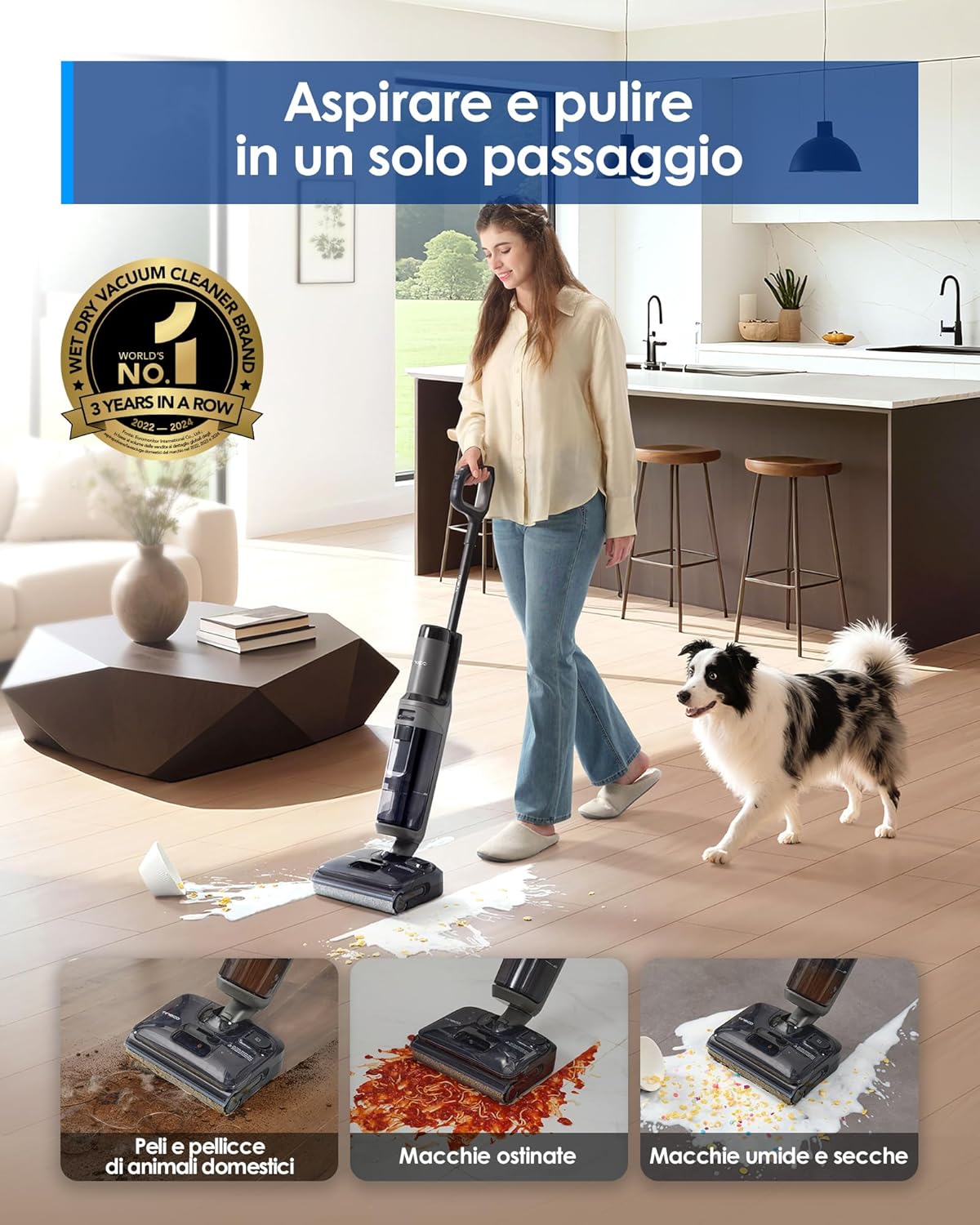 Tineco FLOOR ONE i6 Stretch, Aspirapolvere e Lavapavimenti 2 in 1, 20kPa, Design Piatto 180°, Anti-Groviglio, Autopulente, Asciugatura 85℃, 40 Min Autonomia, Batteria Pouch Cell