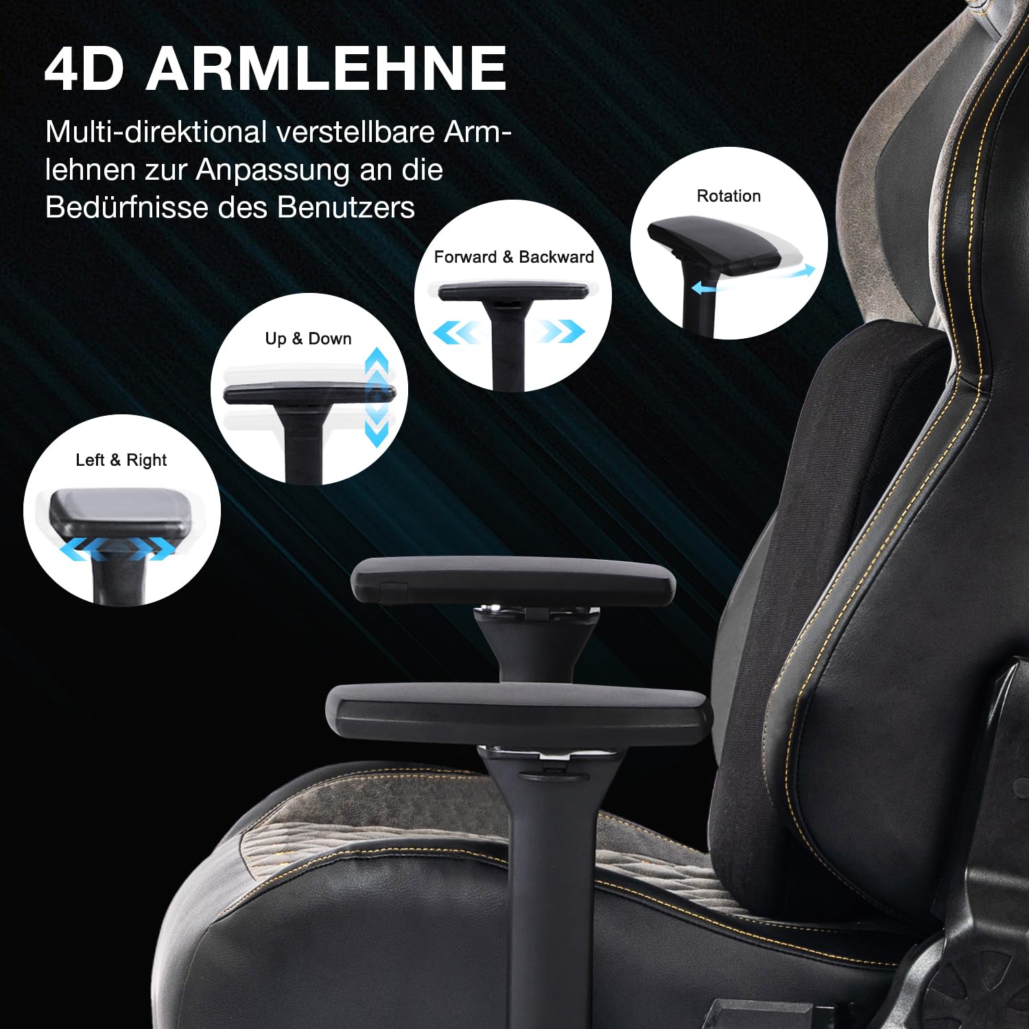 Gaming Stuhl bis 200 kg mit 4D-Armlehne und Lendenwirbelstütze, ergonomischer Bürostuhl in Grau
