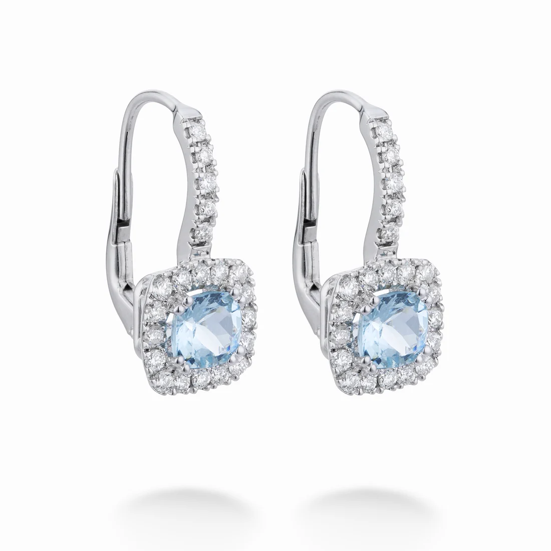 Orecchini monachella Mikiko acquamarine cuscino ct 1,30 e diamanti ct 0,48