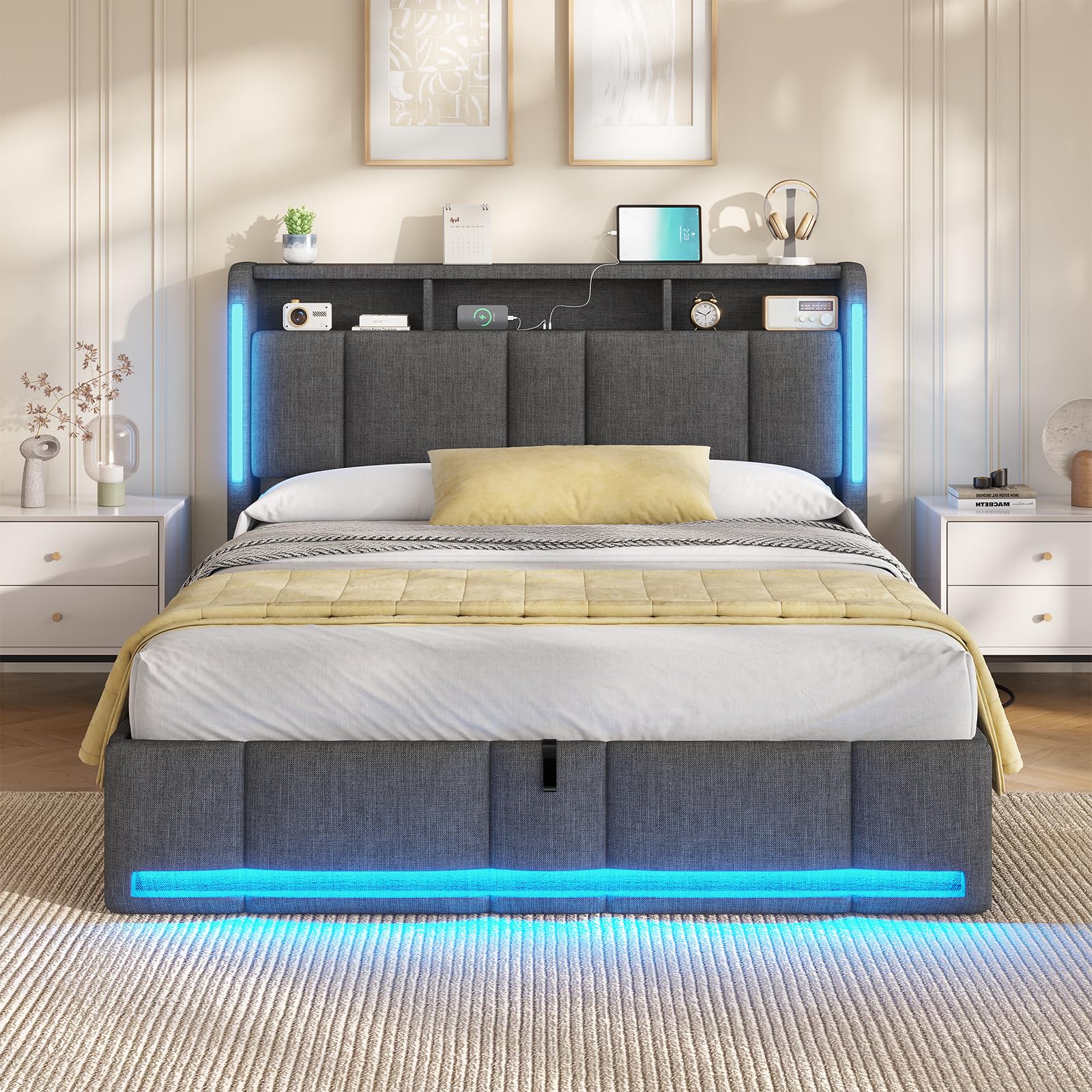 Polsterbett 140x200 cm mit Bettkasten LED-Beleuchtung USB-Anschlüssen und hydraulischem Stauraum Dunkelgrau
