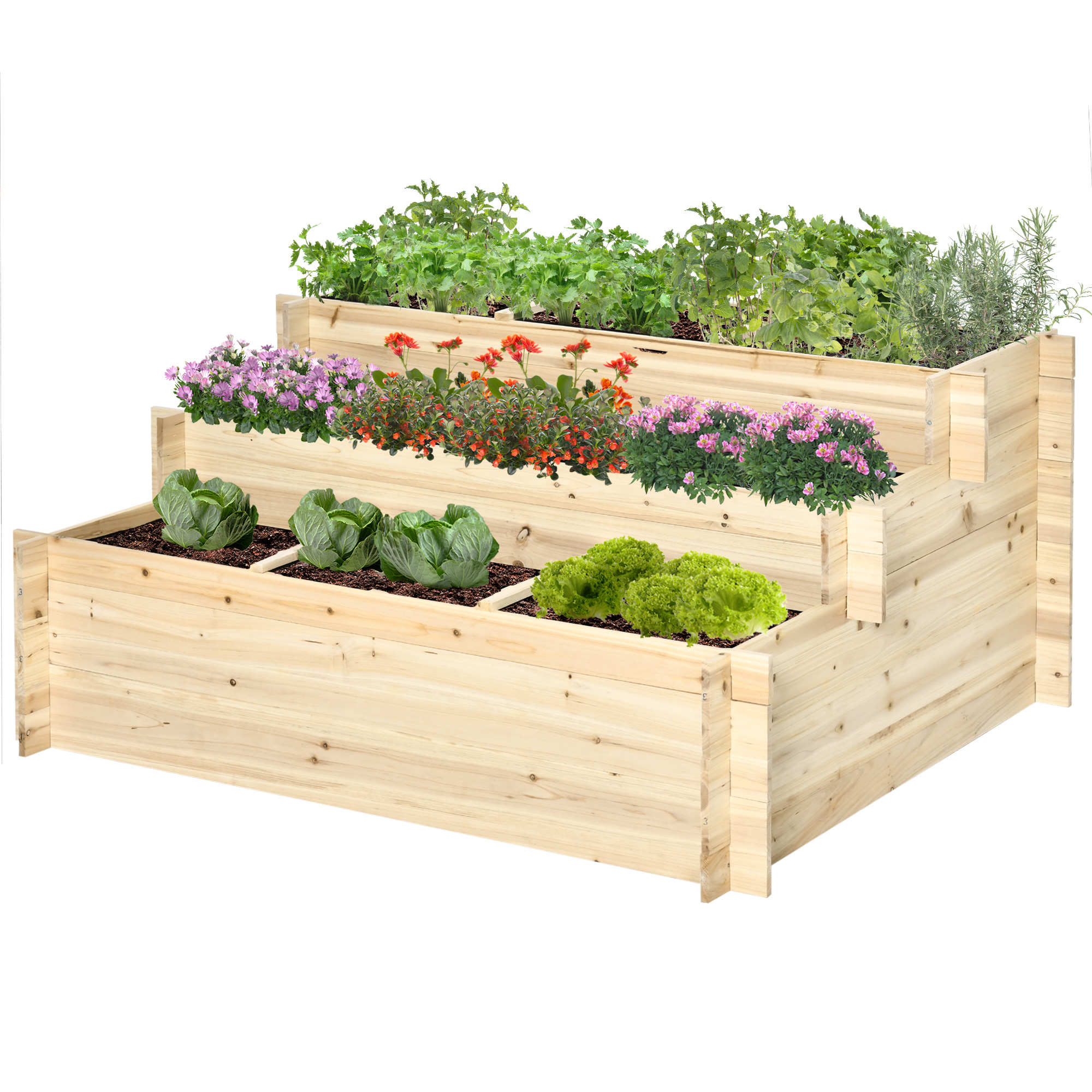 Outsunny Hochbeet, 3 Etagen, Innenauskleidung aus Vlies, lackiertes Naturholz, 117 x 100 x 54 cm