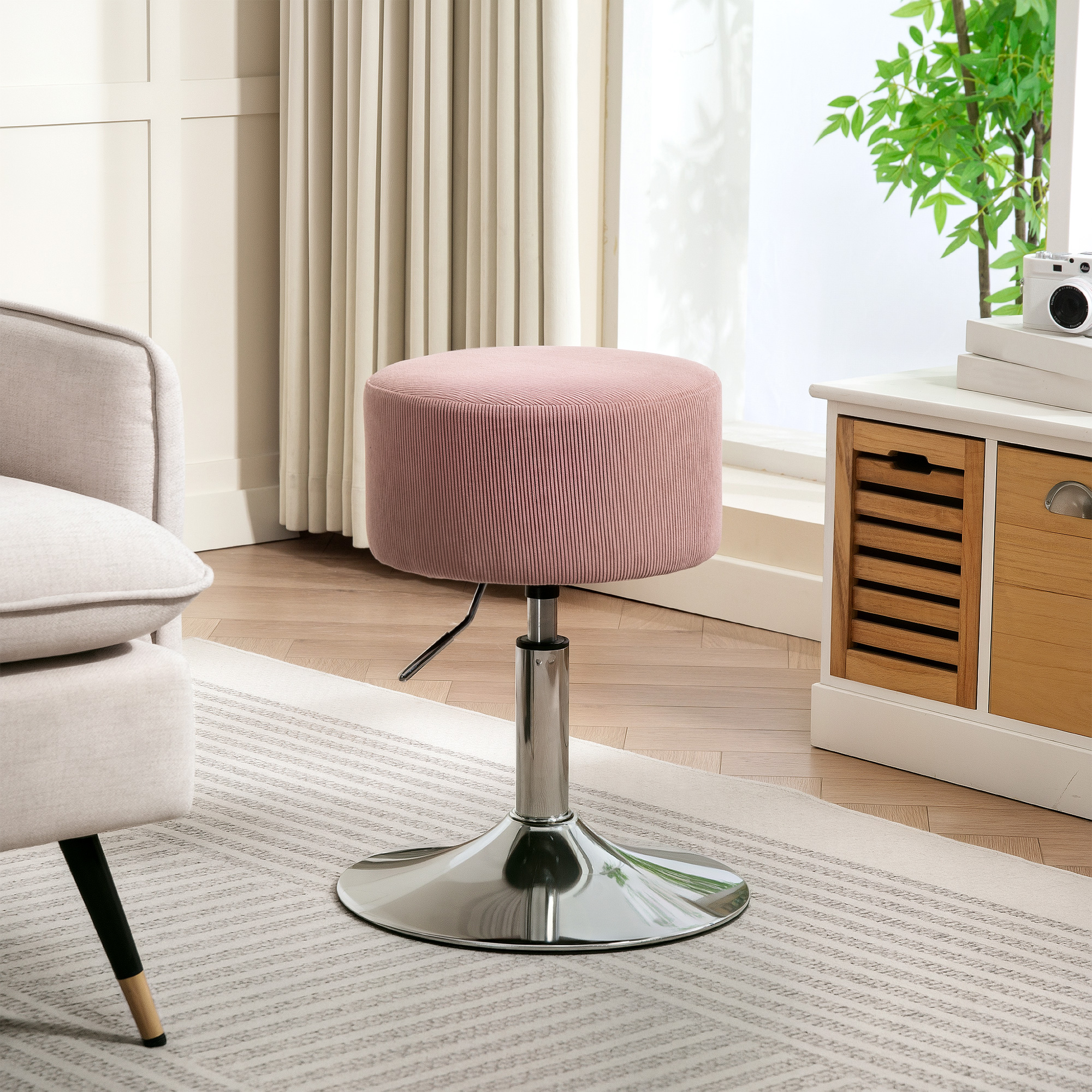 HOMCOM Barhocker, Gepolstert Barstuhl mit Metallgestell, Cordoptik, Höhenverstellbar 360° Drehbar Rosa