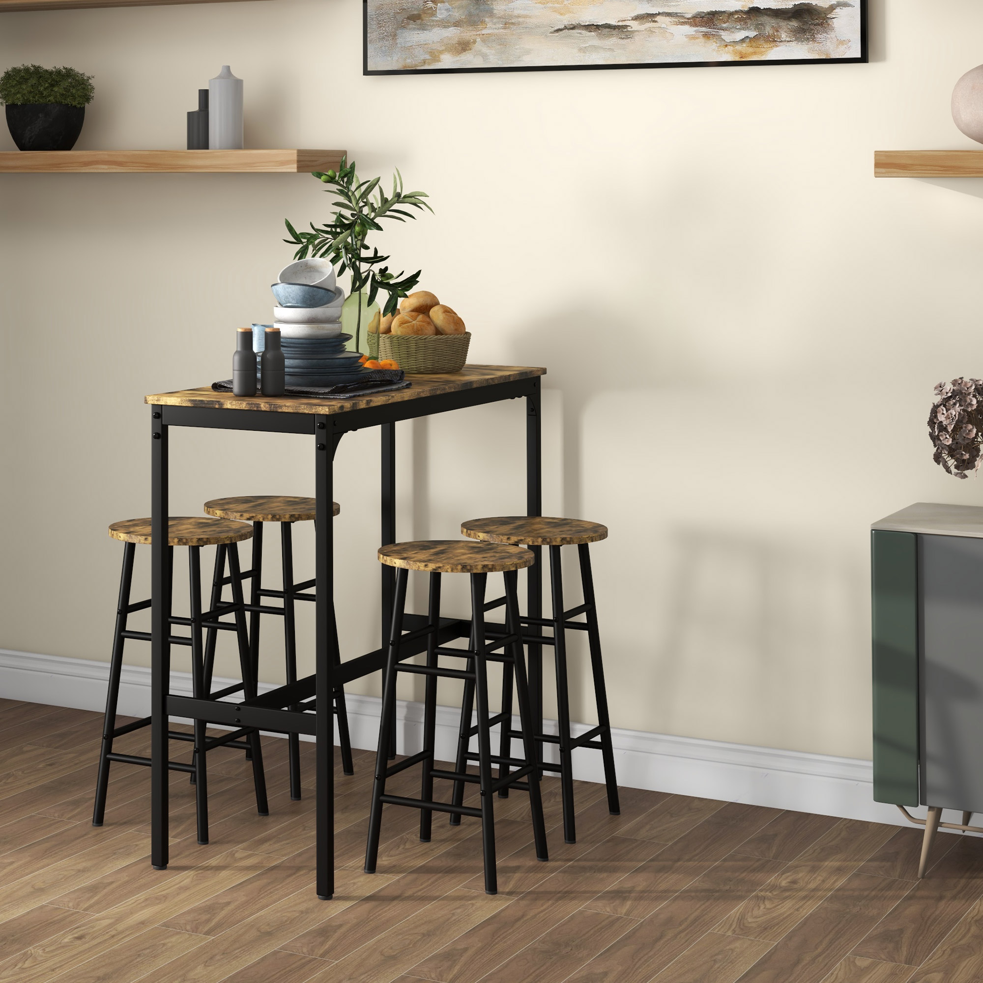 HOMCOM Set Tisch und Stühle 5 Stück mit 4 Hockern mit Fußstützen und Rechteckigem Tisch, Schwarz und Braun