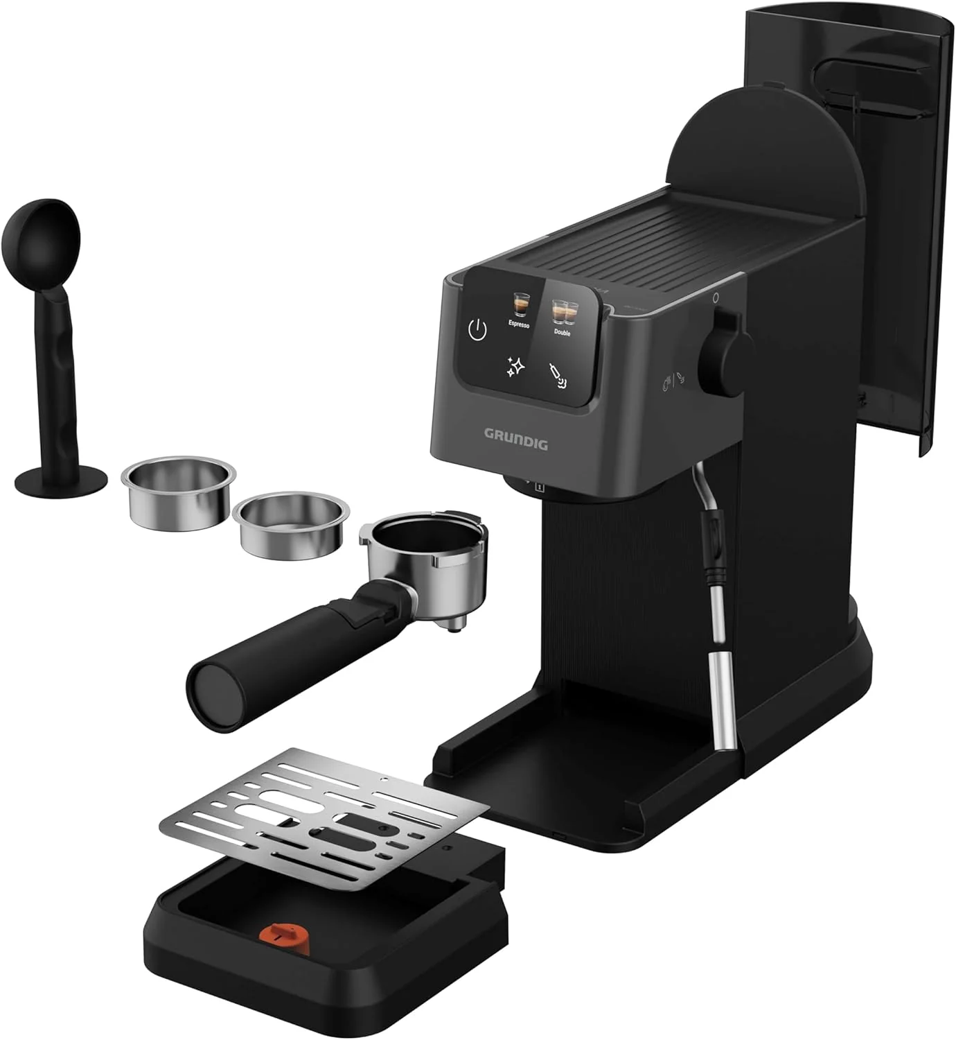 GRUNDIG KSM 5330 Espressomachine met ge?ntegreerd melkreservoir, 1628 W vermogen, 15 bar pompdruk, dubbele tuit, kleuren-touchscreen, BrewSense, CreamyPro, donker inox/zwart