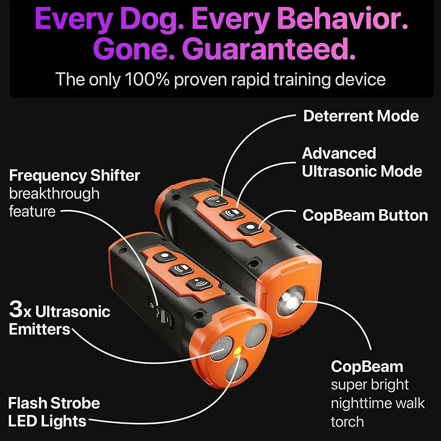 Ultrasonic Dog Training Device �C 3 Sonic Emitters, 50ft Range & LED Flashlight