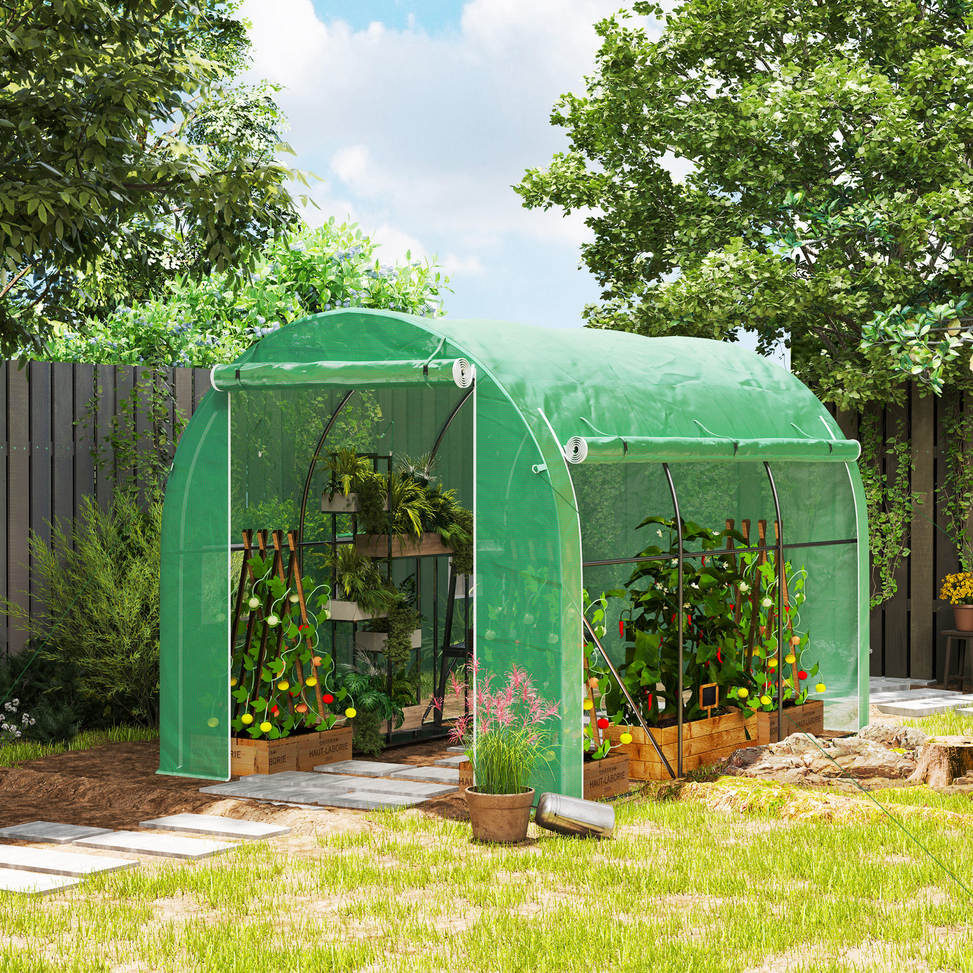 Outsunny Garten-Tunnelgewächshaus 6 m² 3 x 2 m mit 1 Tür + 2 aufrollbaren Seitenwänden mit Reißverschluss, 6 Fenstern, grün