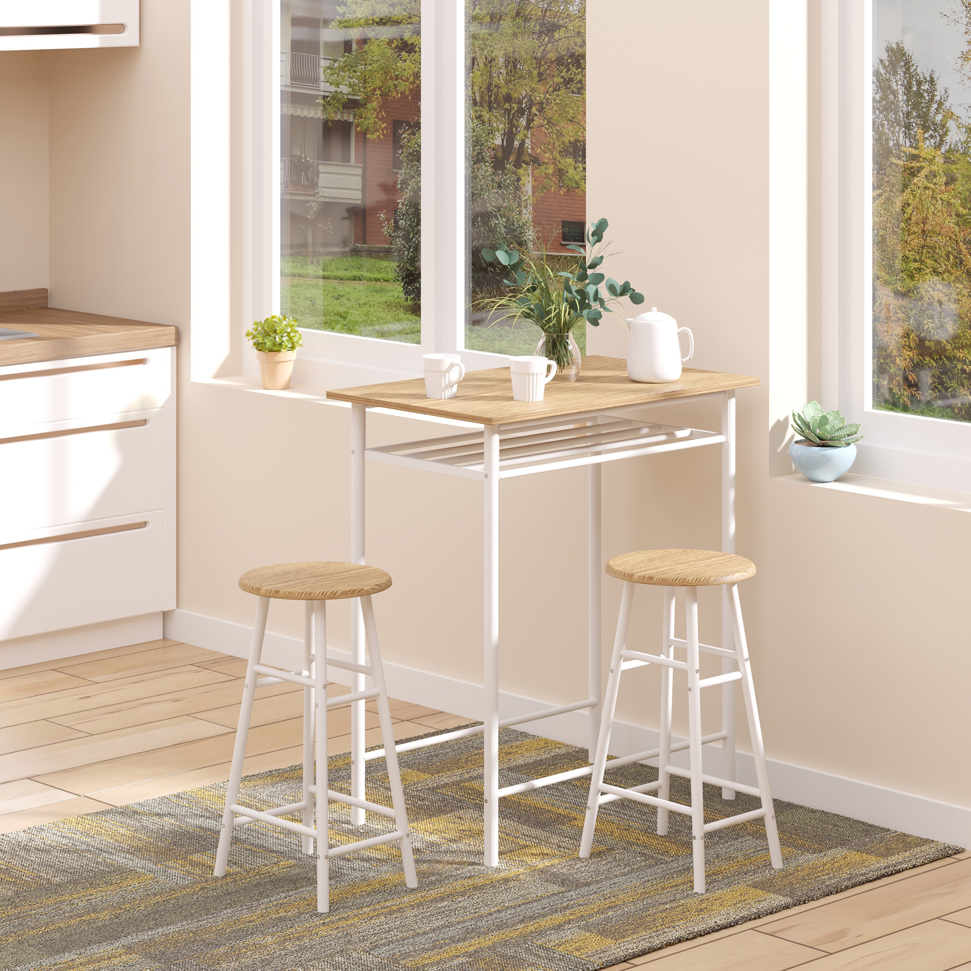 HOMCOM Bartisch Set Bartisch mit 2 Barhockern Essgruppe Küchentisch mit Lagerregal Esstisch für Esszimmer, Küche, Weiß