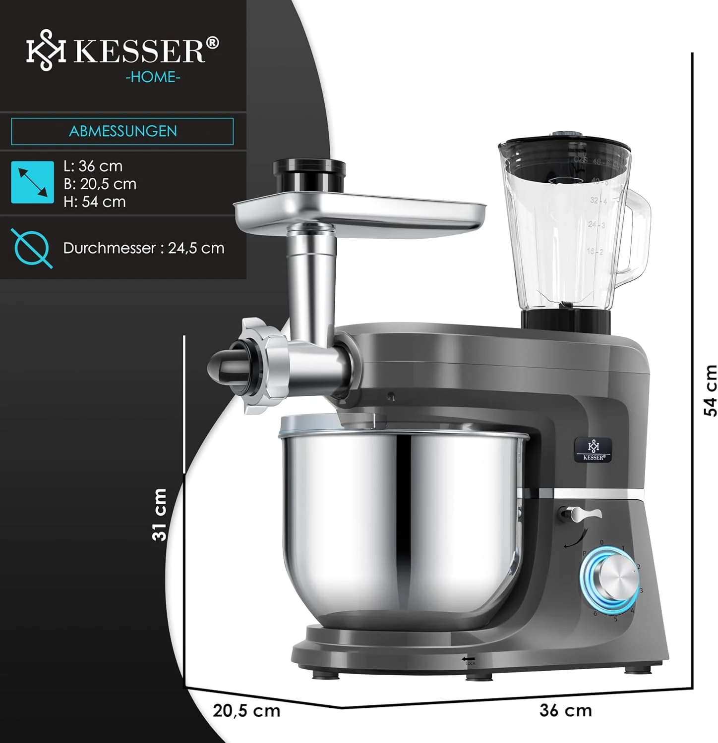 KESSER® 3 in 1 Universal Küchenmaschine K-KM 3000 mit Fleischwolf Knetmaschine Multifunktionale Rührmaschine 5,5L Schüssel mit 3 Rührwerkzeuge, 1,5L Entsafter, Zubehör-Set, Pasta & Gebäckformen