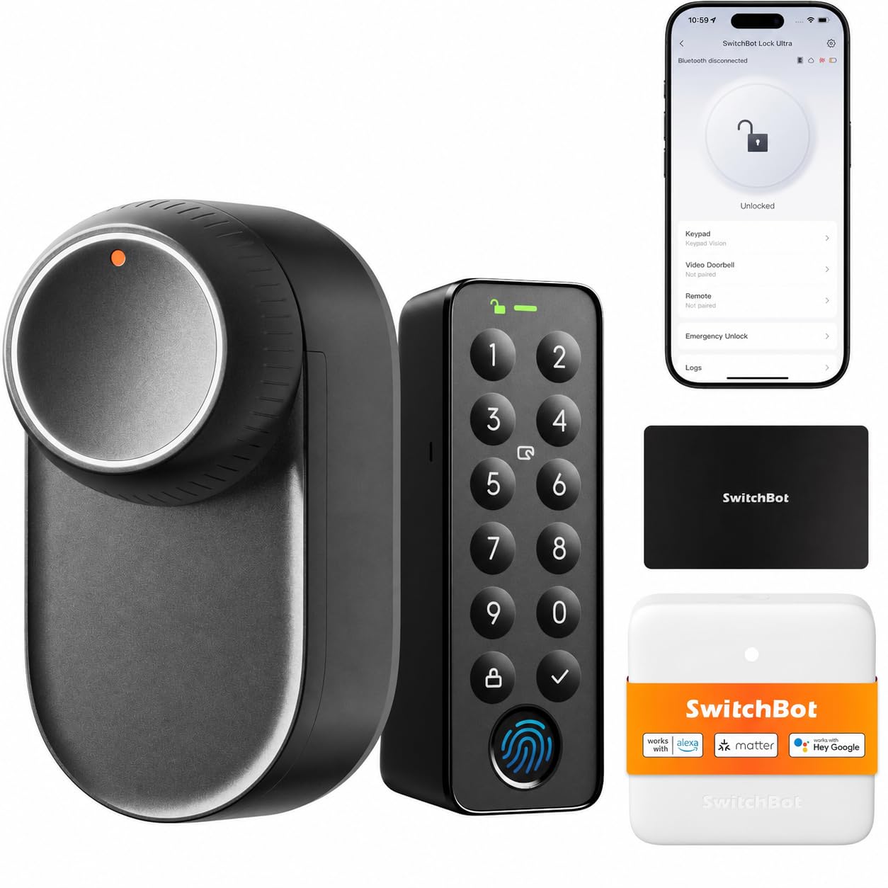 Elektronisches Türschloss Smart Lock Ultra mit Fingerabdruck, NFC-Karte und Keypad Touch, aufladbarer Akku, Matter-fähig, für Smartphone, Alexa und