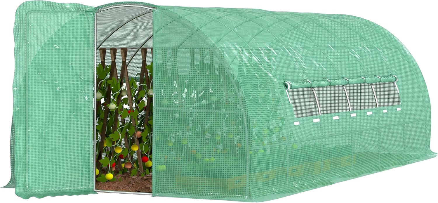 Outsunny Serra per Orto a Tunnel con Porta e 8 Finestre, Serra da Giardino in PE e Metallo Zincato, per Coltivazaione Piante, 600x300x200cm