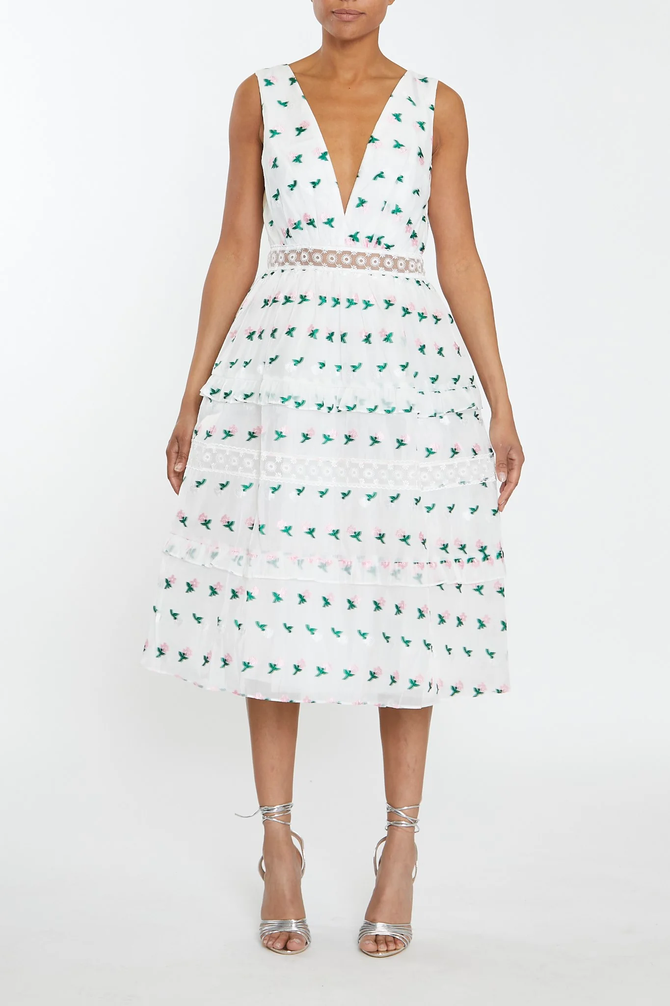 Zoey White Pink Floral Organza Plunge Neck Tiered Skater Midi Dress