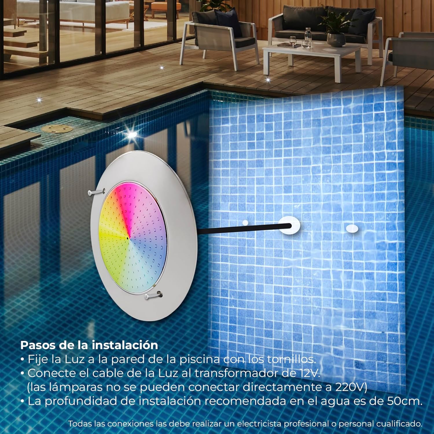 LED ATOMANT Packung mit 2 LED-Poolleuchte 12W RGB Wasserdicht IP68 Tauchfähig, 2m Kabel, Edelstahl mit Transformator AC 220V/12V DC und Fernbedienung, Bluetooth-App-Steuerung