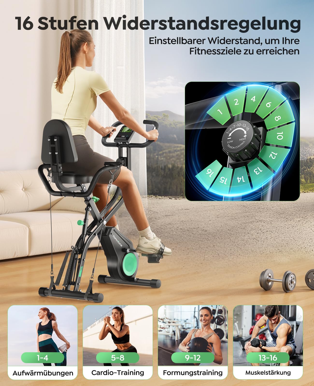 Klappbarer Heimtrainer mit 5-in-1-Training, 16 Magnetwiderstandsstufen und App-Kompatibilität, bis 140 kg