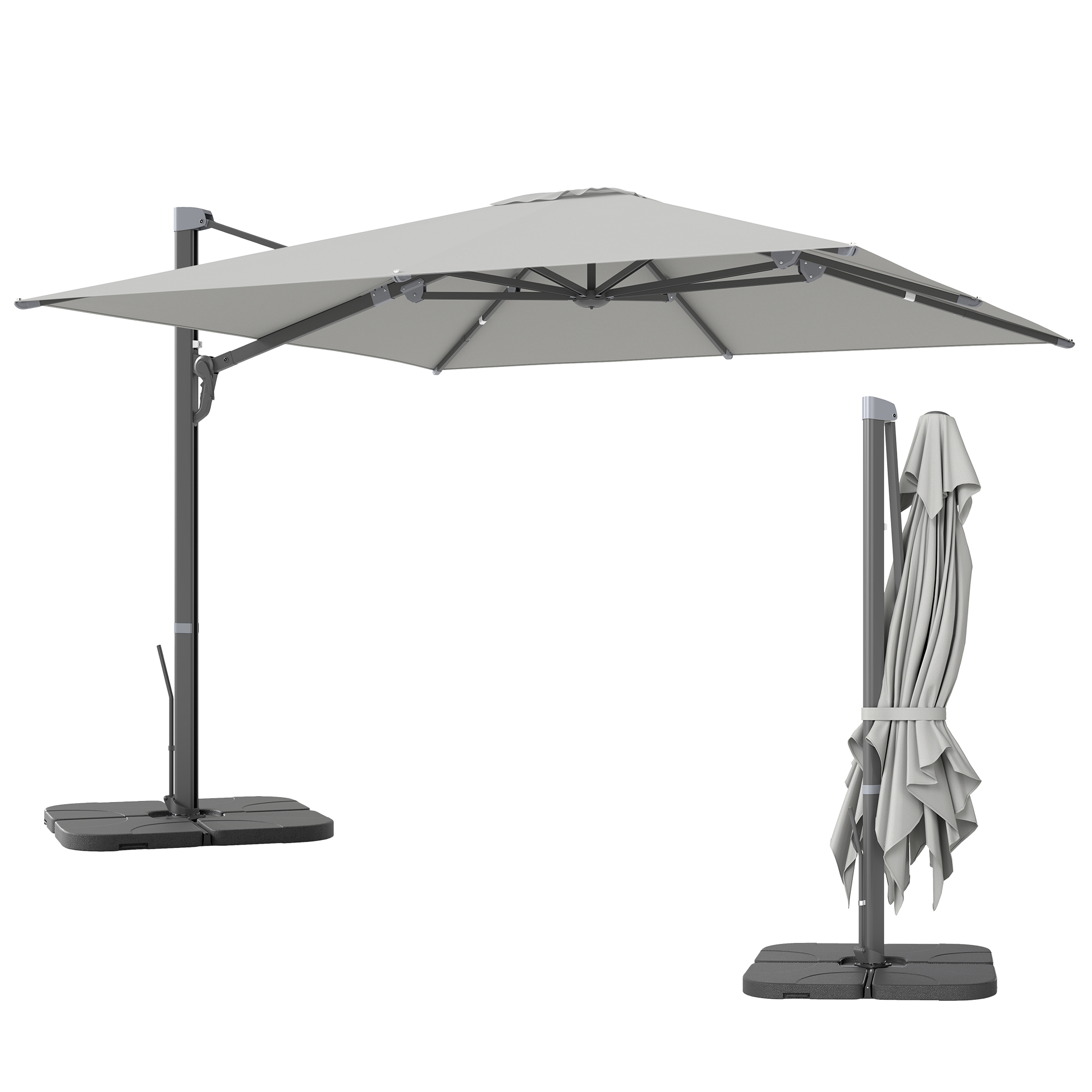 Outsunny Alu Ampelschirm 3 x 3 m 360° drehbar Sonnenschirm mit Kurbel Ständer Windschutz Hellgrau