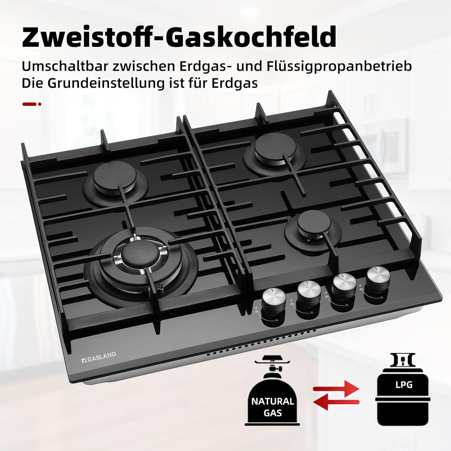 GASLAND GH60SF Einbau Gaskochfeld Edelstahl 4 Flammig, Gas Einbau Autark Gaskochfeld, 8000 W Butan-Gasherd, LPG/Erdgas