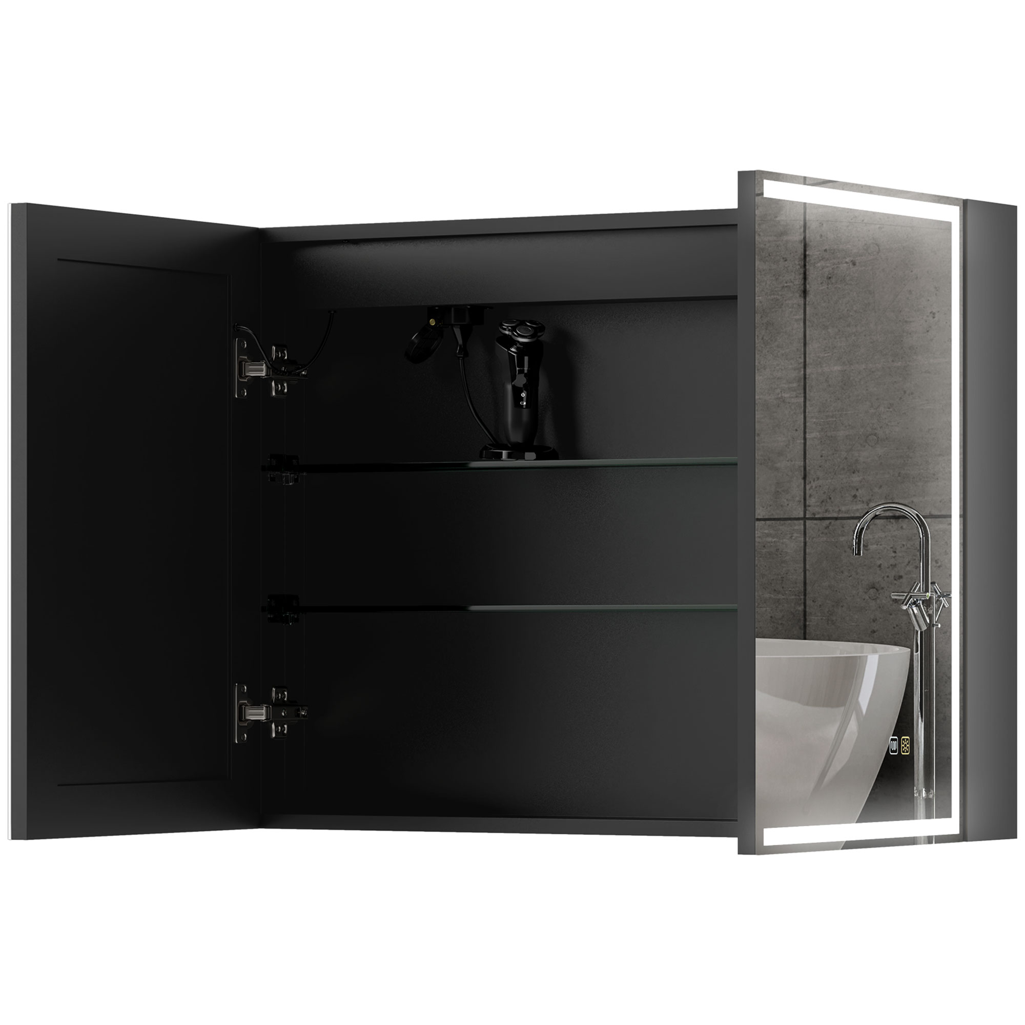 HOMCOM Badezimmerspiegel mit Schrank, LED-Lichtern, Steckdose, 600 x 800 mm, Anti-Beschlag-Pad, 3 Farbtemperaturen, Schwarz
