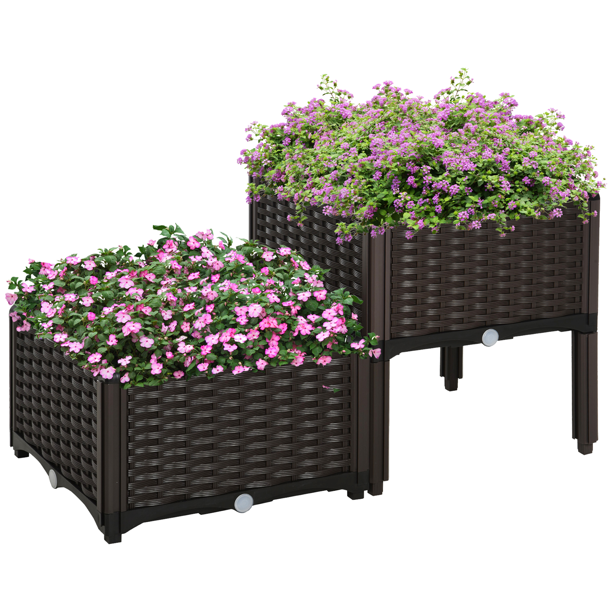 Outsunny Hochbeet, Pflanzkasten mit Abflusslöchern, Blumenkasten im Rattan-Look, Kunststoff, Braun, 40 x 40 x 44 cm