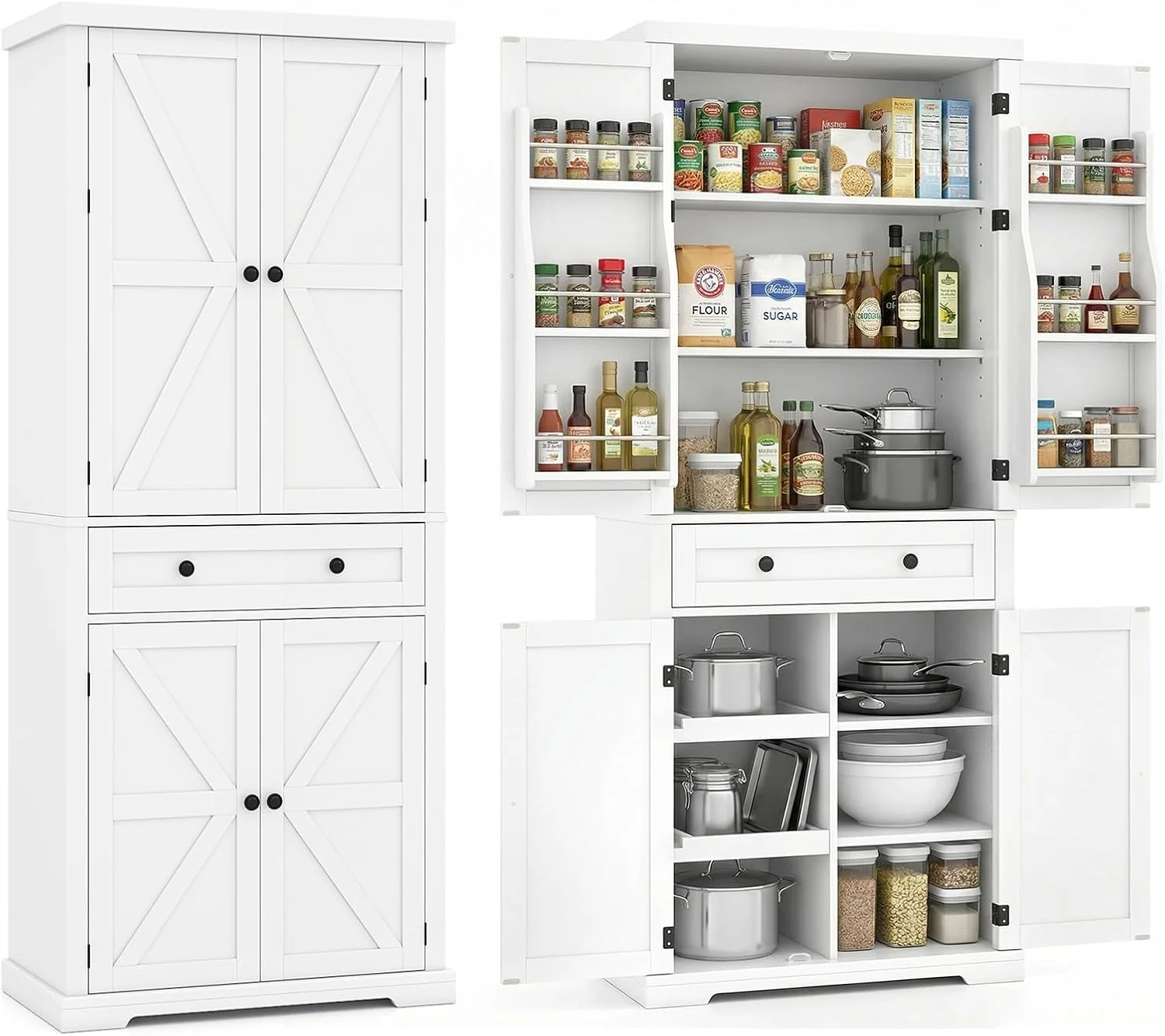 COSTWAY Küchenschrank hoch, 184 cm Vorratsschrank für Küche, Buffetschrank mit 4 verstellbaren Regalen, 2 Schiebetabletts, 4 Türen & Schublade