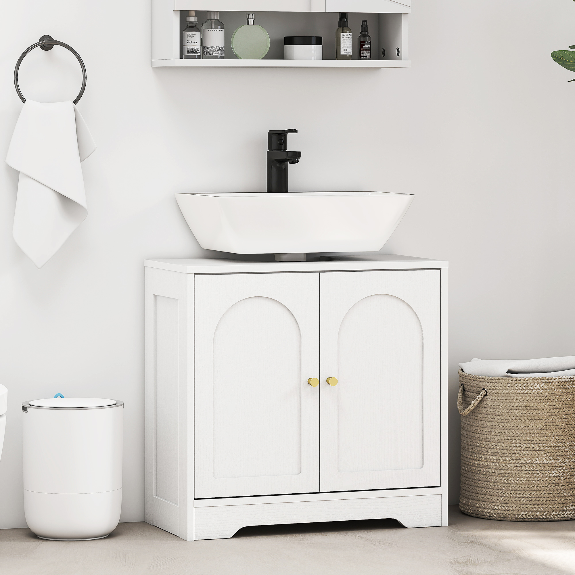 HOMCOM Waschtisch-Unterschrank Badezimmer mit Schrank mit Türen und höhenverstellbarem Regal, für Waschbecken mit oder ohne Sockel, weiß