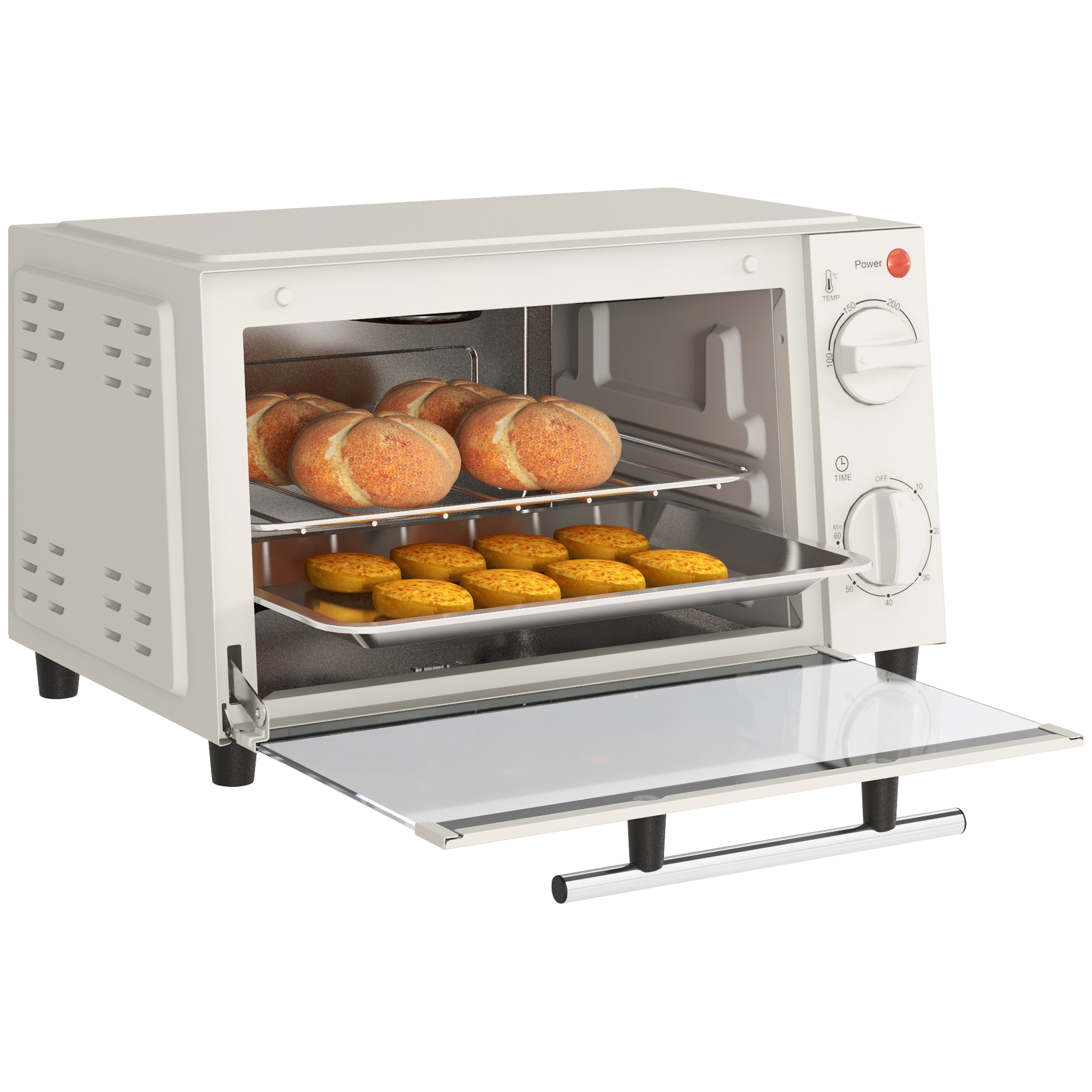 HOMCOM Minibackofen, 9 L Mini-Ofen mit Backblech, Grillrost, mit einstellbarer Temperatur und Garzeit, Edelstahl, Cremeweiß