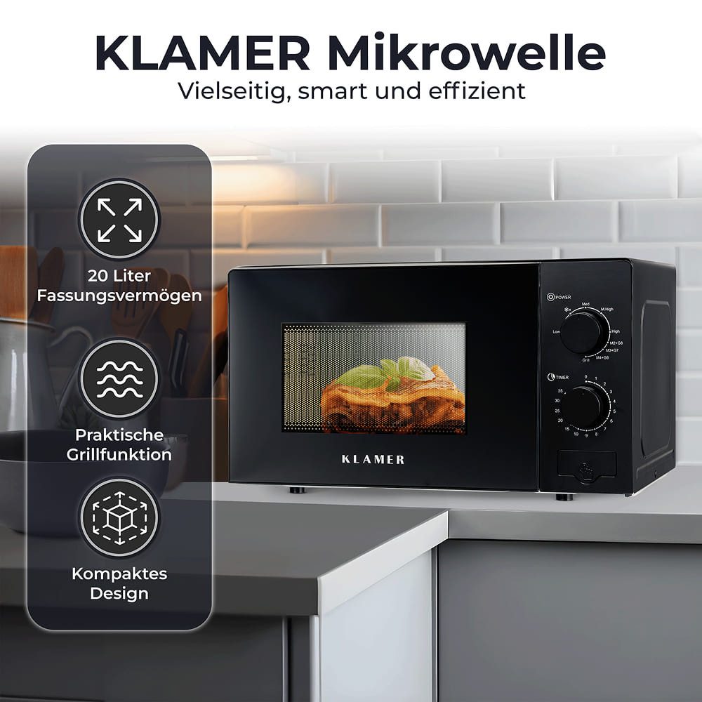 Mikrowelle 20L 700W, 9 Stufen, Grill- & Auftaufunktion, 35 Min Timer, inkl. Drehteller & Grillrost, energieeffizient, Schwarz