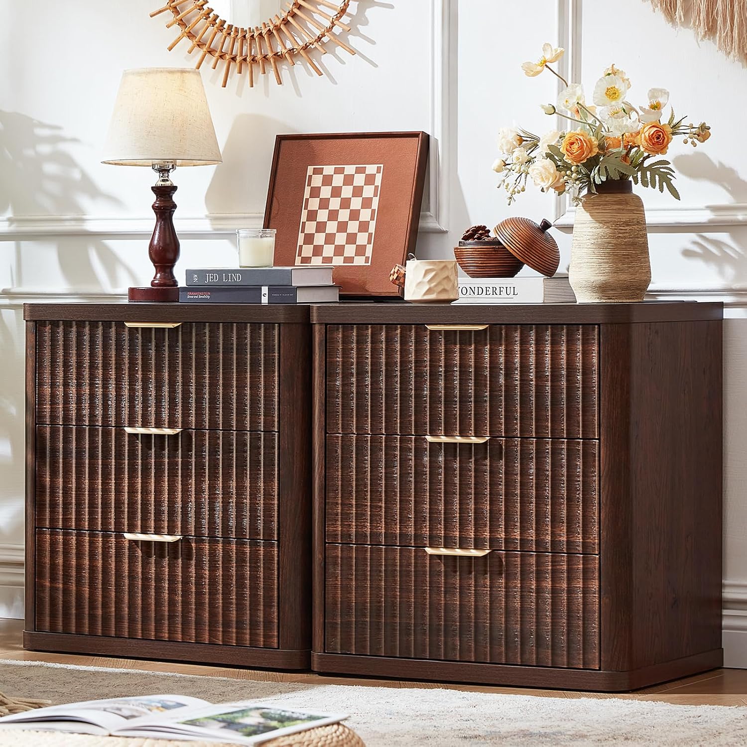 LEYAOYAO Fluted Farmhouse Nightstand Set of 2 with Charging Station, 23