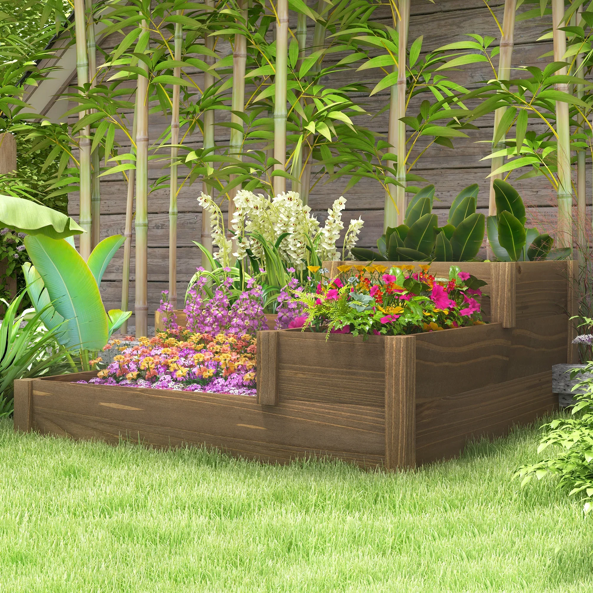 Outsunny Verhoogd moestuinbed Plantenbak Buiten 4 Vakken Massief Hout