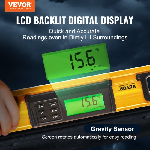 VEVOR Digitaler Neigungssensor Aluminium Wasserwaage mit LCD-Bildschirm 600mm Länge 3 Libellen Messbereich von 0-360°(4x90°) 0,5mm/m Genauigkeit Speicheraufzeichnungs- & Hold-Funktion