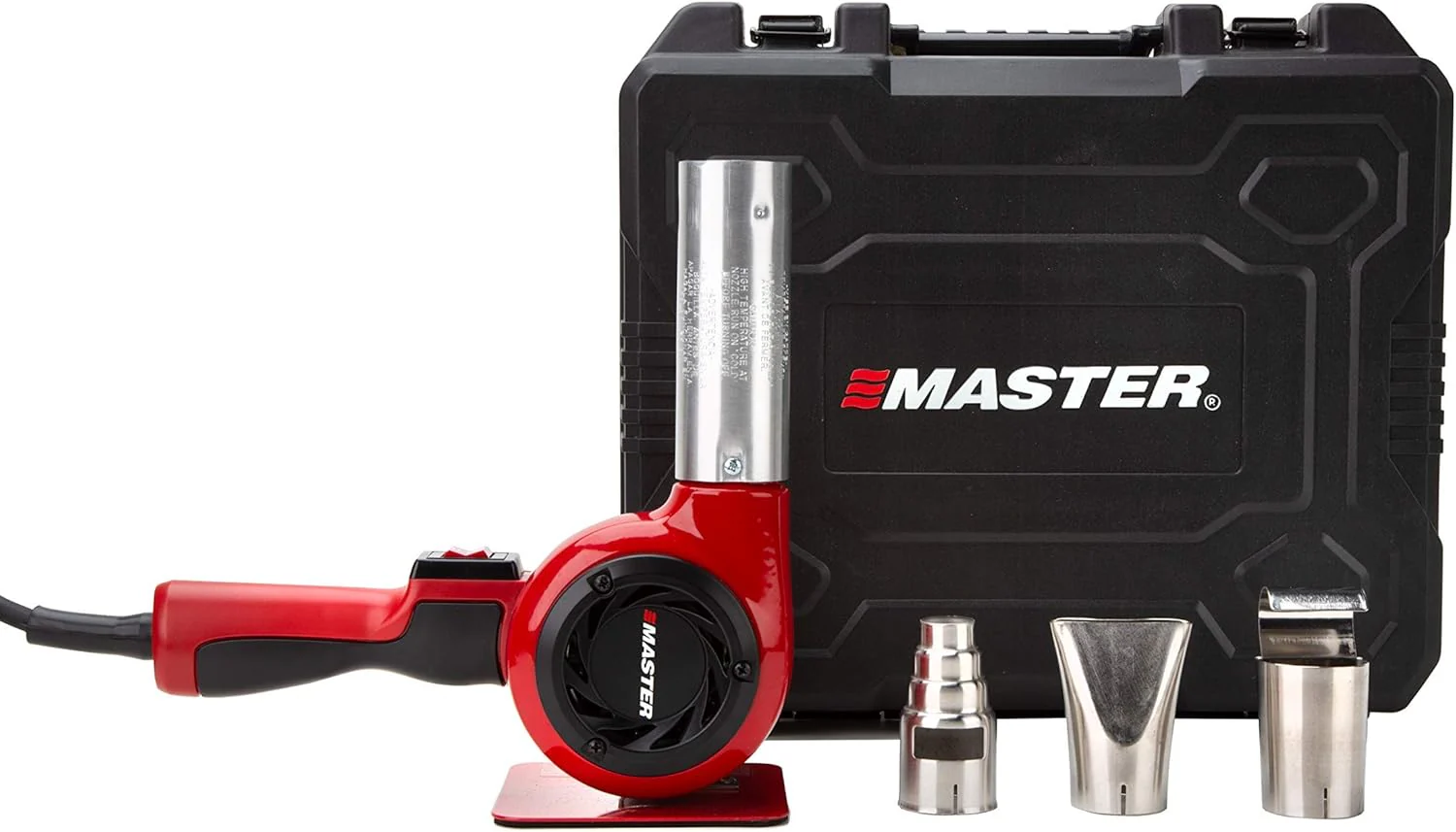 Industrial hot air gun kit, quick replacement of plug-in heating elements, adjustable temperature, voltage 120 volts, power 1740 watts, current 14.5 amps, assembled in the United States.