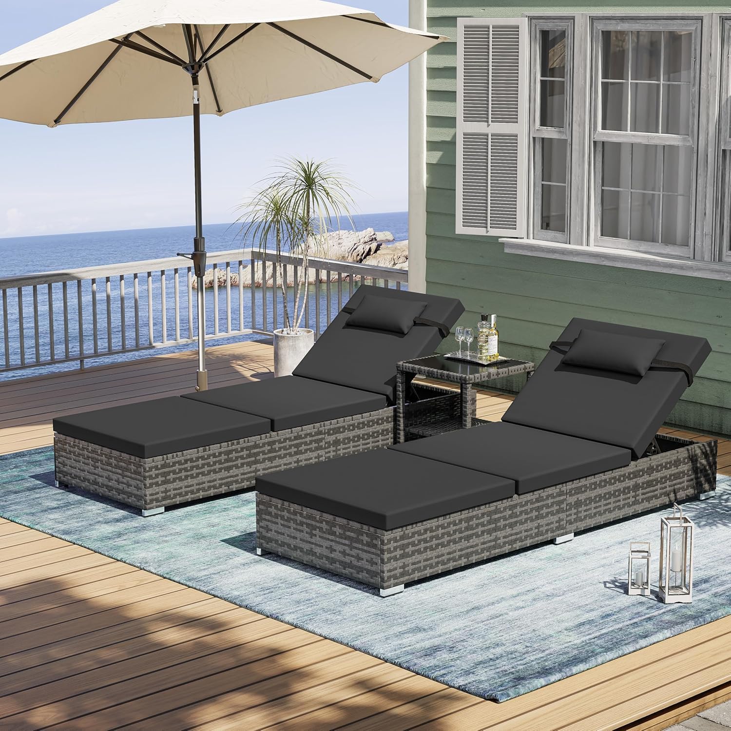 UDPATIO Set di 3 Lettino Prendisole, Poly Rattan, con Cuscino Testa e Tavolo, 5 Regolazioni, Lettini Prendisole da Giardino Impermeabili, per Esterno, Jardín, Patio (Grigio)