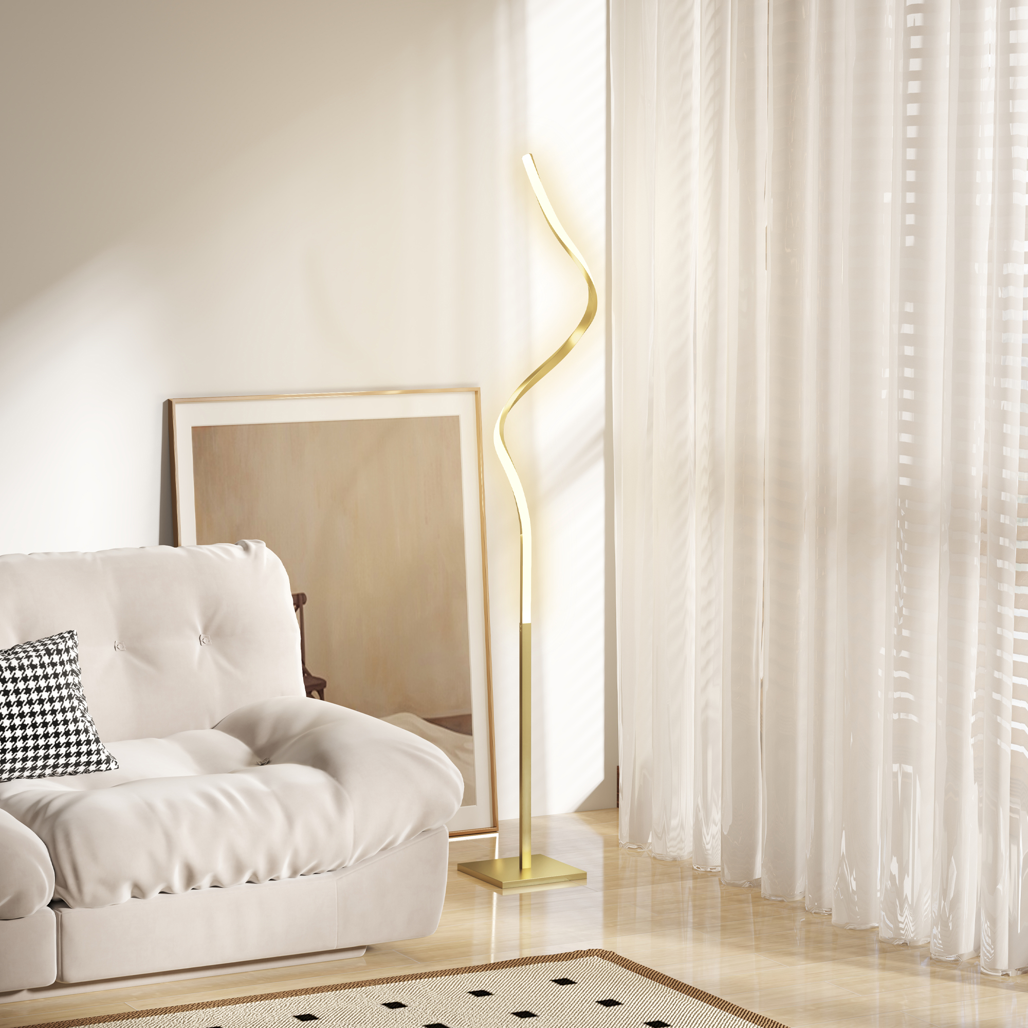 HOMCOM Stehleuchte im Spiraldesign, Fußschalter, 3 Helligkeitsstufen, 1,46 m, Gold