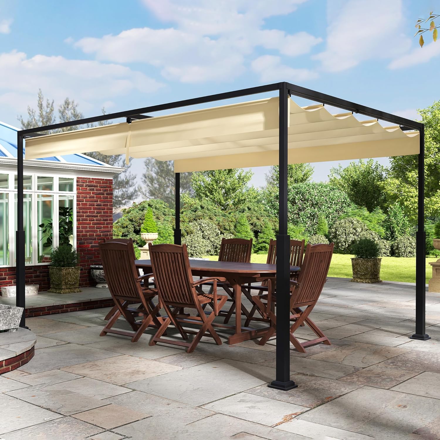 3x4m Pergola, Sturdy Metal Frame, Garden Gazebo with Sunroof and Sun Protection, Retractable Solar Tent for Garden, Terrace and Balcony (Beige)