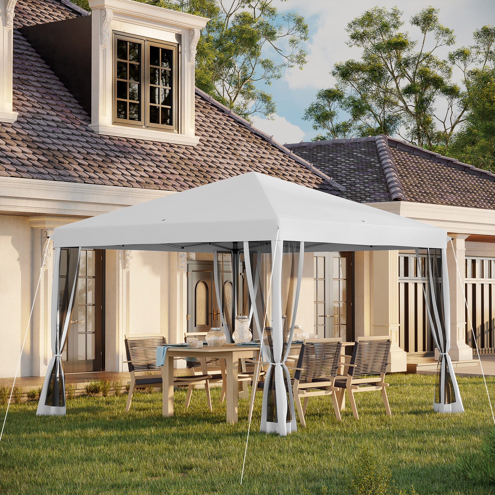 Outsunny Faltpavillon, Faltzelt mit Seitenwänden inkl. Tragetasche, Gartenpavillon, Metall, Oxfordstoff, 3 x 3 m, Cremeweiß