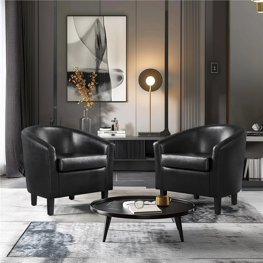 Renwick Faux Leather Barrel Accent Chair for Living Room, Set of 2, Black