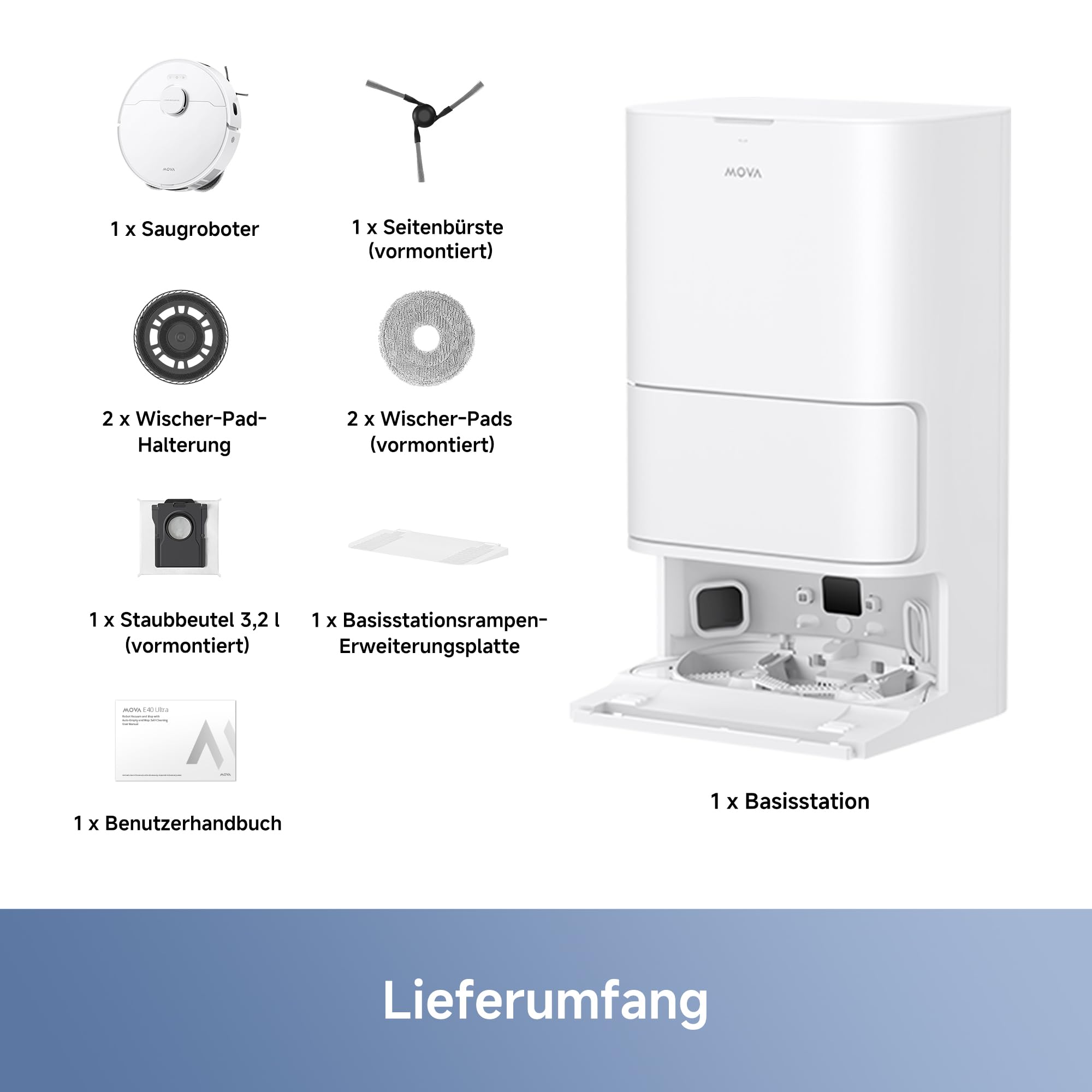 Saugroboter mit selbstreinigender Station und ausfahrbarem Mopp, 19.000 Pa, 3,2-L-Staubbeutel, 80-ml-Wasserbehälter