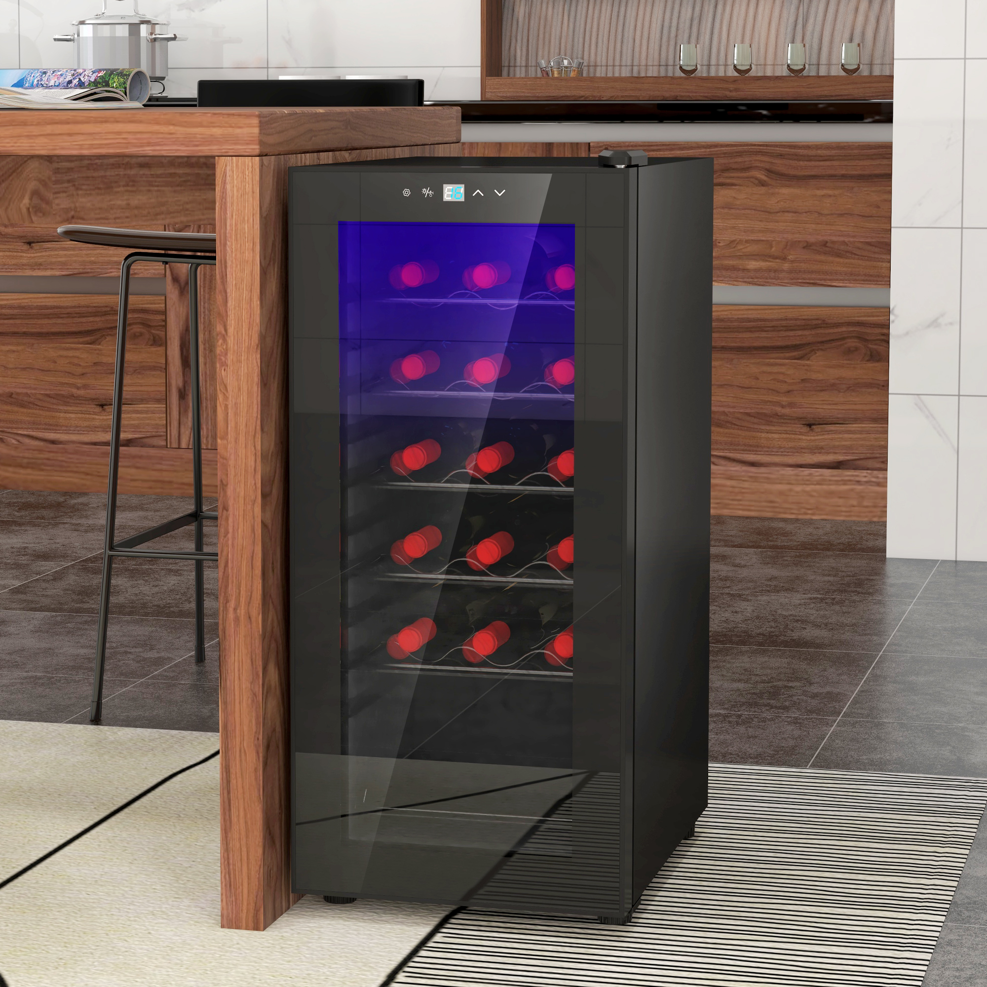 Wijnkoelkast, Stil, 5-18��C, Touchscreen, Verlichting, 34,5x45x78cm, Zwart