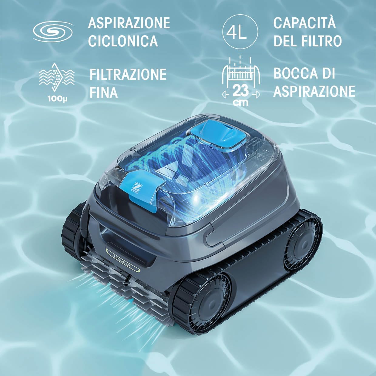 Zodiac Robot Elettrico per Piscina Freedom CNX-Li 52 IQ, per Piscine Fino a 10x5m. Batteria al Litio, Base di Ricarica, filtrazione fine e connettività Tramite App i AquaLink