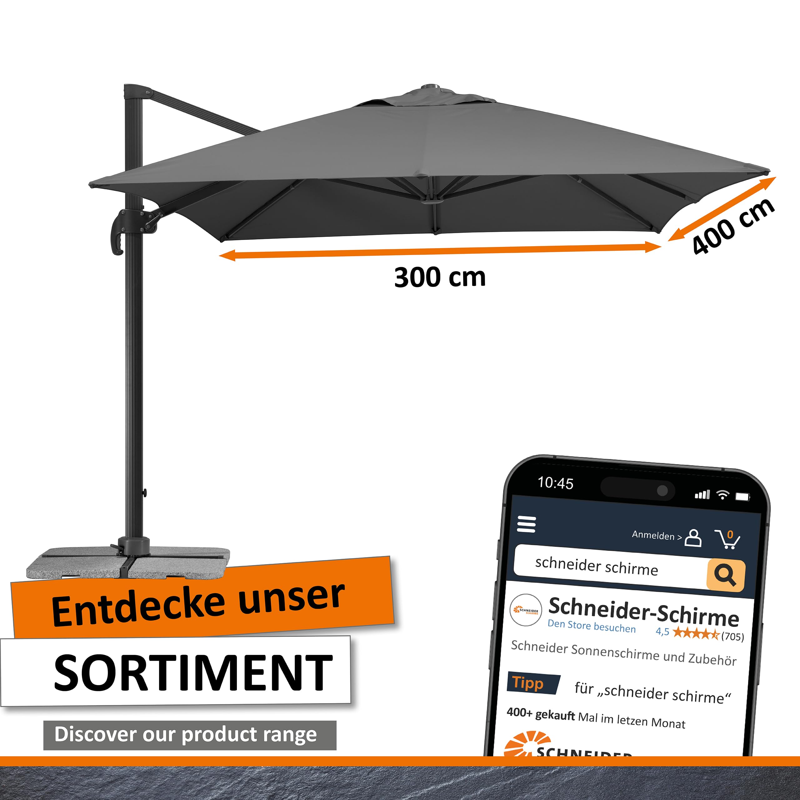 Sonnenschirm RHODOS GRANDE 400 x 300 cm anthrazit, rechteckig mit UV-Schutz 50+, Aluminium-Gestell und 360° Drehgelenk