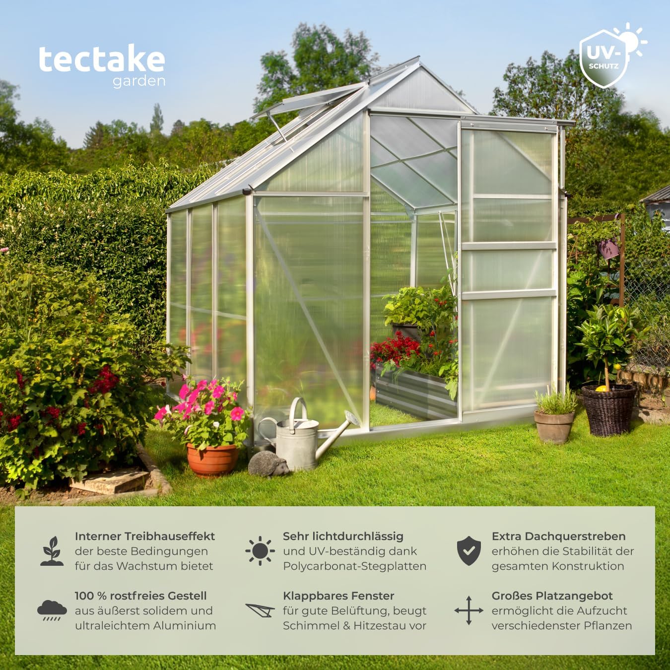 tectake® Aluminium Gewächshaus, 190x185x195 cm, Treibhaus, Tomatenhaus, Frühbeet, Pflanzenhaus, UV beständig, 4 mm Platte, Schiebetür & Dachfenster, Schutz vor Kälte, Regen und Frost - ohne Fundament
