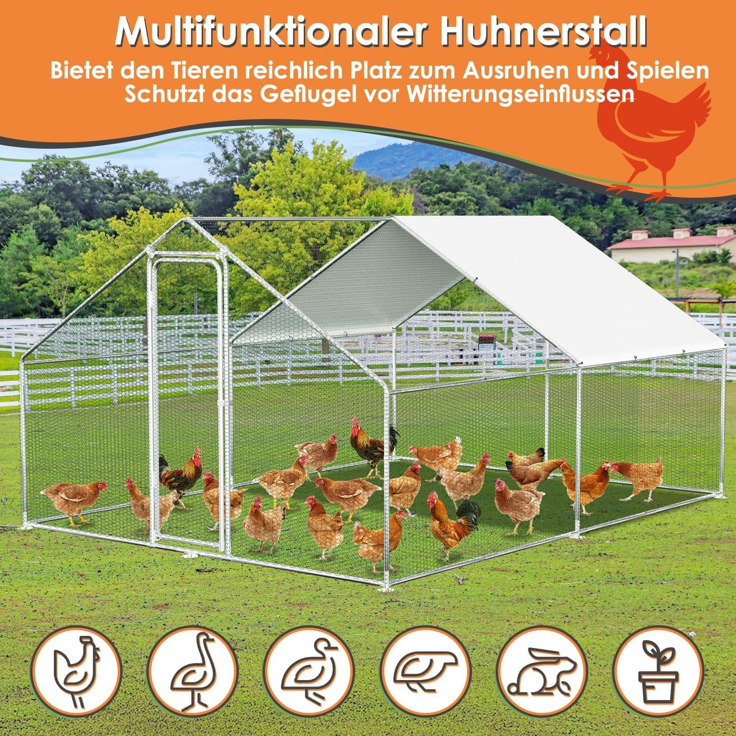 Herrselsam Pollaio Ovaiole per Esterni, 3x2x2m Pollaio per Esterni con Telaio Zincato, Recinto con Copertura in Tessuto Impermeabile, Serratura, per Polli, Anatre e Conigli