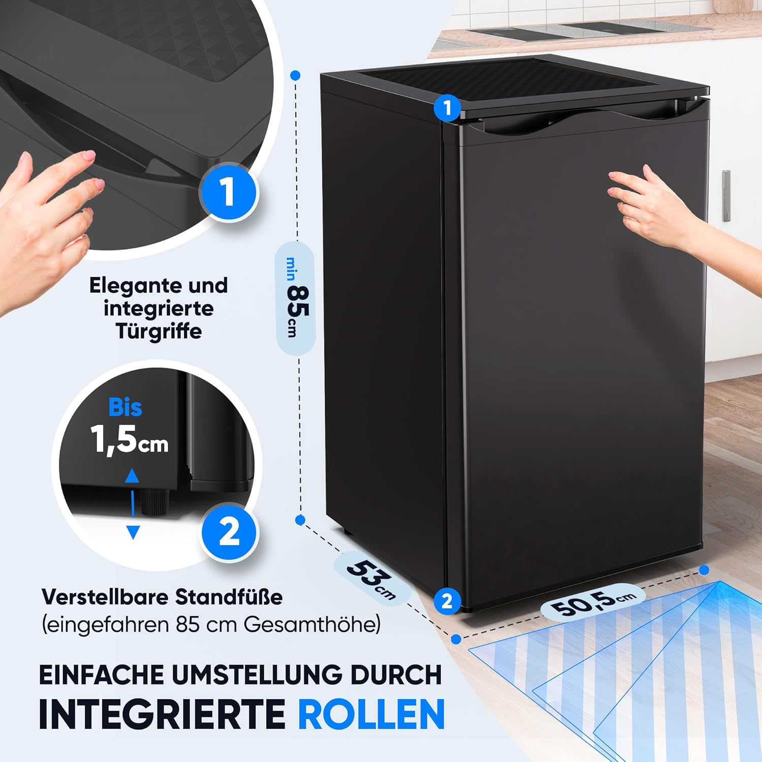 Stillstern Gefrierschrank C (73L) 4-Sterne-Gefrierfach -18°C ger. Energiever. Mini Freezer mit 3 Fächer, stufenlos reg. Temp., kleine Tiefkühltruhe, Türanschlag r./l. Tiefkühlschrank Klein Schwarz